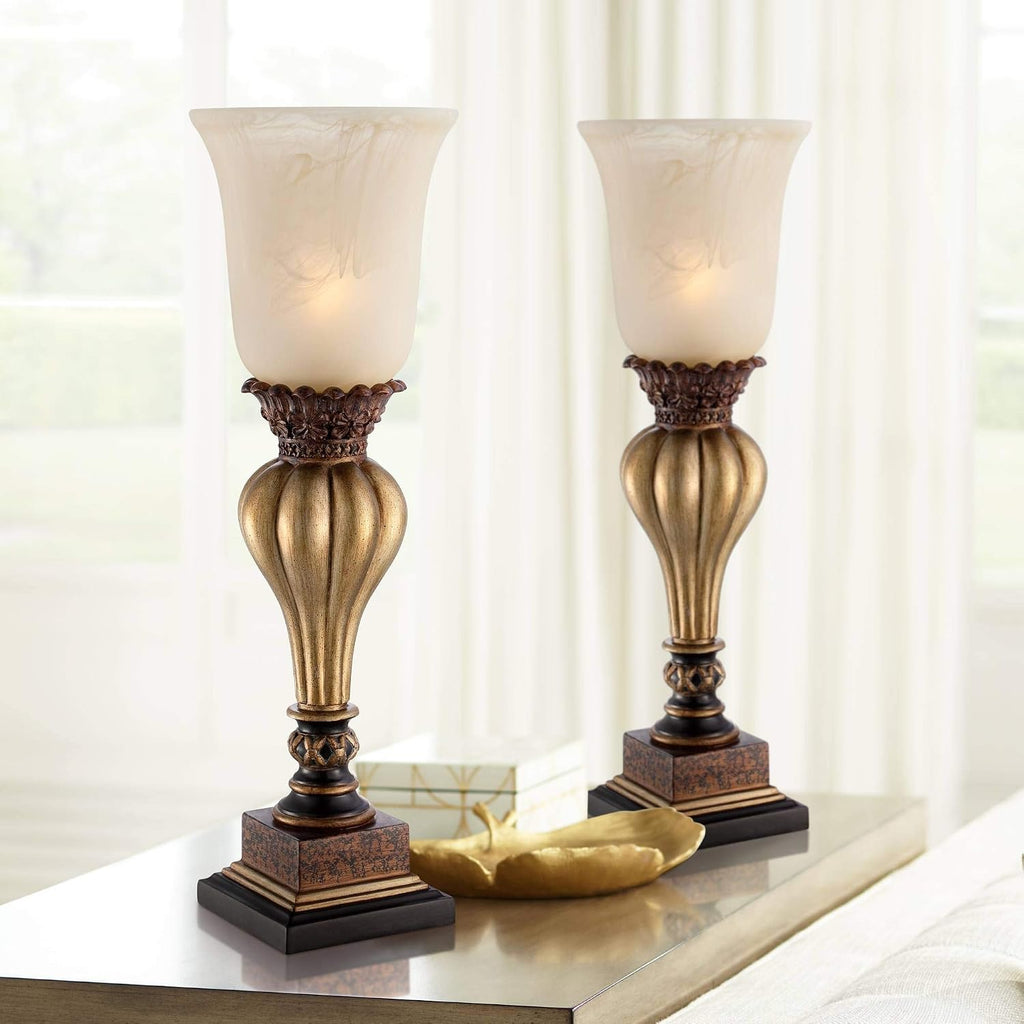 Regency Hill Sattley Traditional Uplight Accent Table Lamps 23 1/4' High Set of 2 Light Gold Alabaster Glass Shade Decor for Living Room Bedroom House Bedside Nightstand Home Office Family