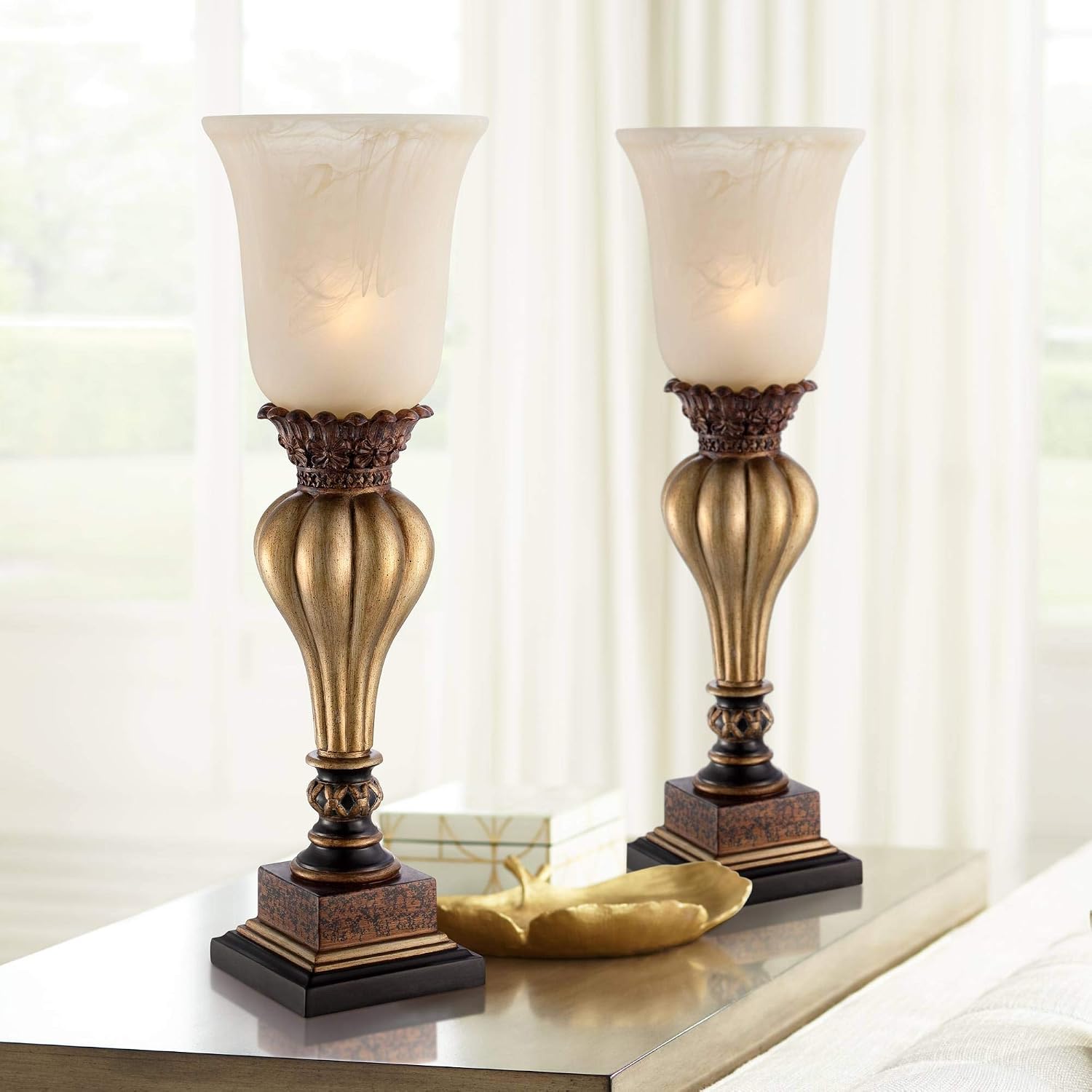 Regency Hill Sattley Traditional Uplight Accent Table Lamps 23 1/4' High Set of 2 Light Gold Alabaster Glass Shade Decor for Living Room Bedroom House Bedside Nightstand Home Office Family