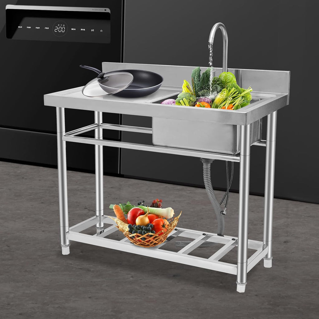 Stainless Steel Sink Single Commercial Utility Sink Free Standing Kitchen Sinks with Cold and Hot Water Faucets for Kitchens, Garage, Laundry Room (39.4'W x 19.7'D x 35.4'H)