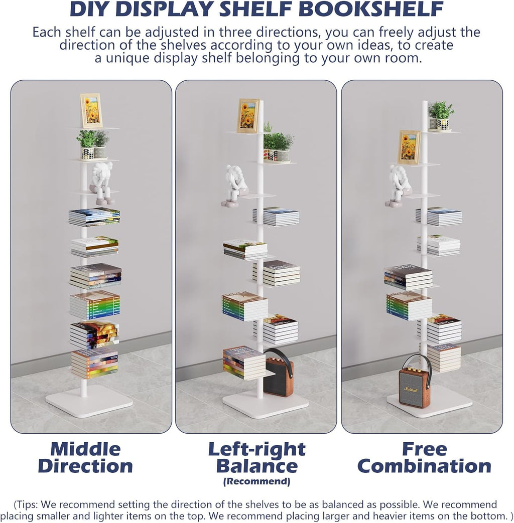 Choowin 9-Shelf Metal Spine Bookshelf Vertical Bookshelf, Adjustable Modern Floating Narrow Tree Book Shelf Book Tower, Display Shelf for Bedroom Living Room Office, 70 inch Tall, White