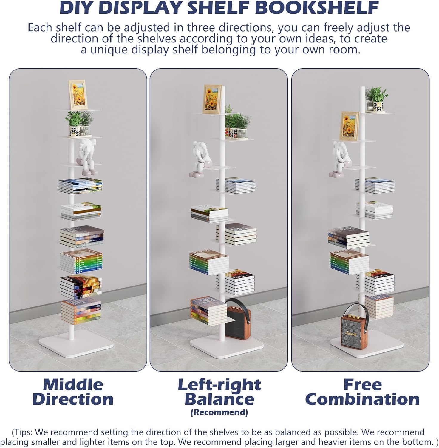 Choowin 9-Shelf Metal Spine Bookshelf Vertical Bookshelf, Adjustable Modern Floating Narrow Tree Book Shelf Book Tower, Display Shelf for Bedroom Living Room Office, 70 inch Tall, White