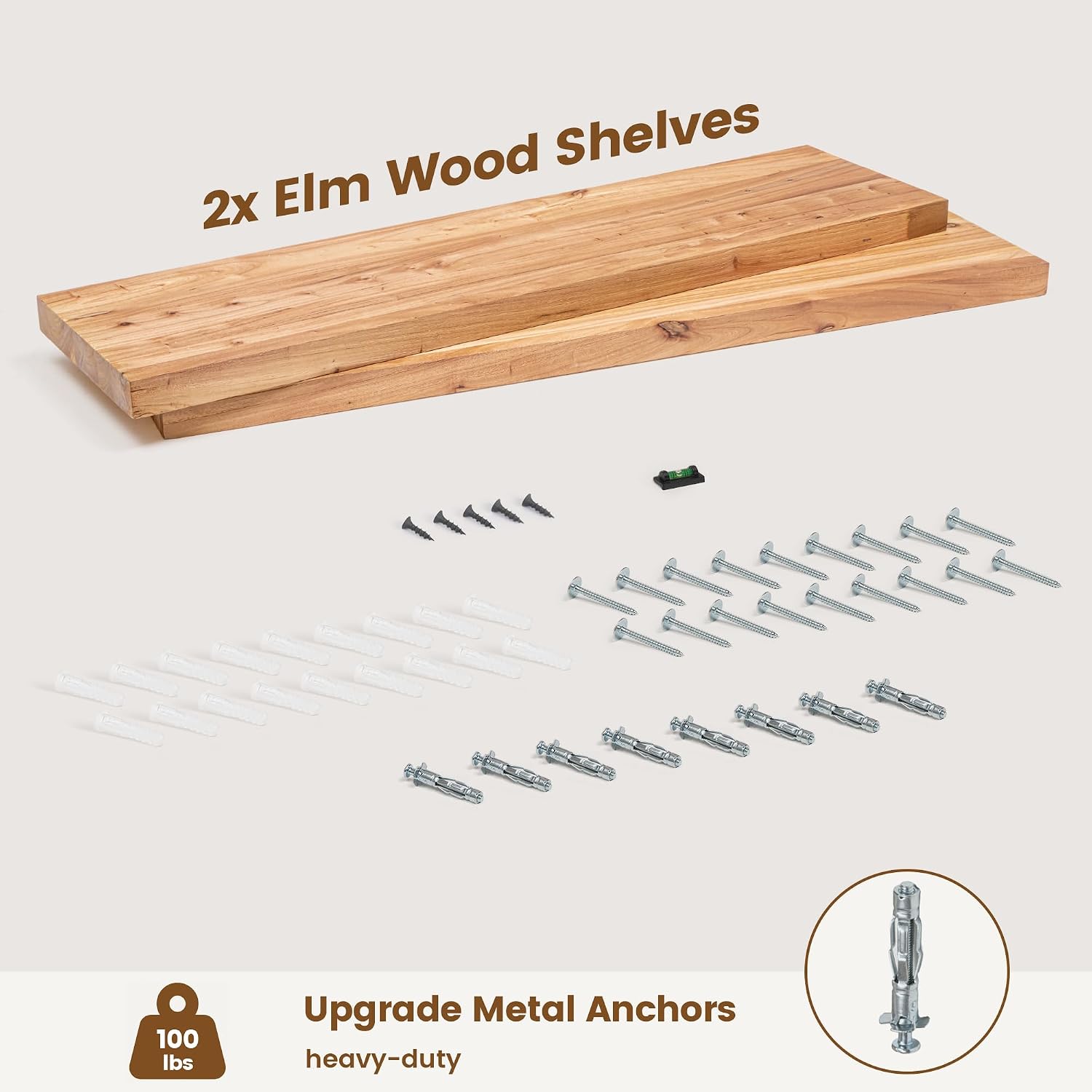 36'x9.2' Elm Floating Shelves for Wall, Flat Edge, Natural, 2-Pack | 1.4' Thick Reclaimed Wood Shelves with Invisible Bracket for Living Room, Bedroom, Kitchen & Bathroom Storage
