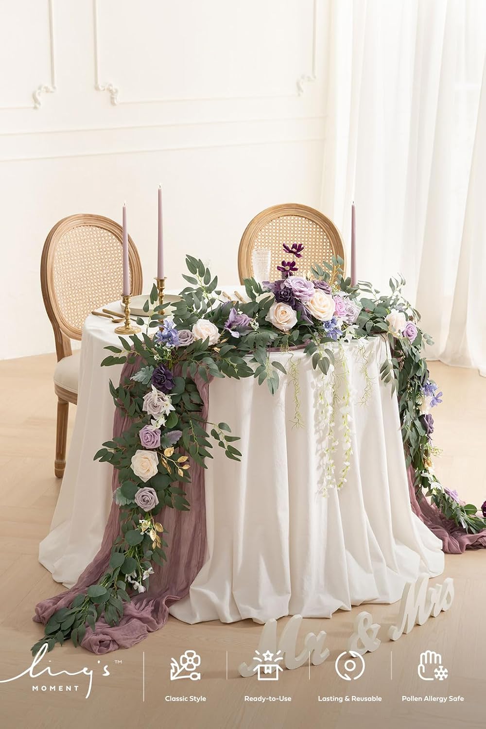Ling's moment 9FT Flower Garland for Backdrop Decorations - Wedding Arch Flowers, Eucalyptus & Rose, Artificial Floral Garland for Mantel - Sweetheart Table Decor for Ceremony Reception, Lilac & Gold