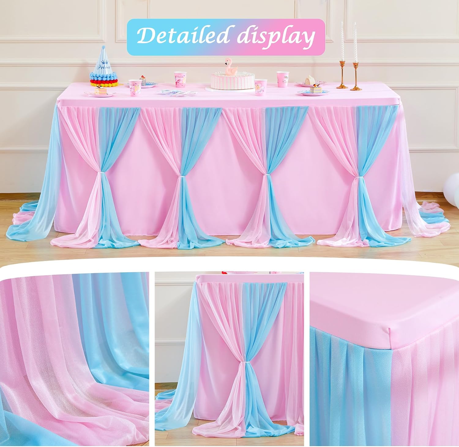 Besutolife Blue Pink Tulle Tablecloth for Rectangle Tables 3 Sides for Wedding Birthday Party Baby Shower Cake Dessert Buffet Banquet Table Decorations 4ft 6Pack