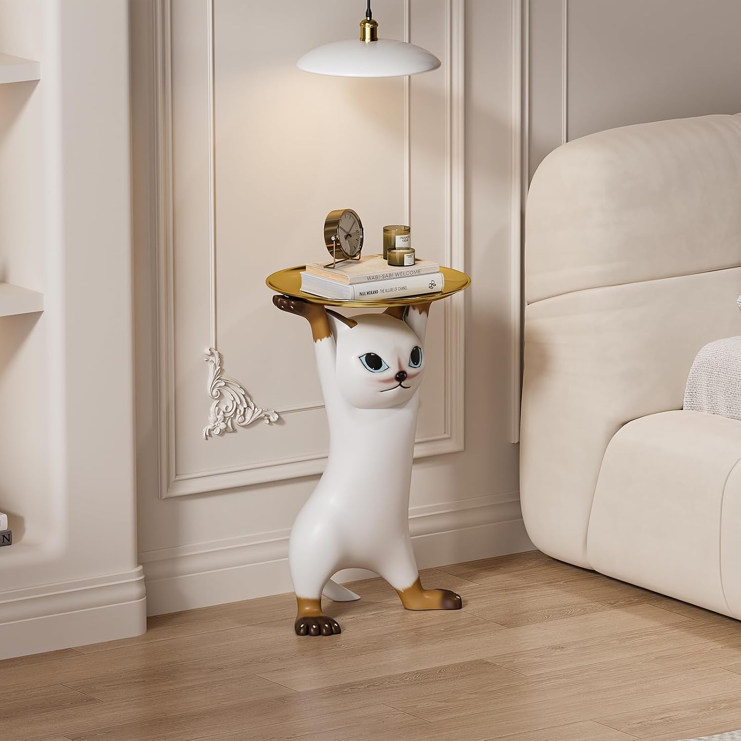 homary Whimsical Cat Statue, Animal Side Table with Gold Tray, Resin Figurine Accent Table for Living Room, Bedroom, or Entryway