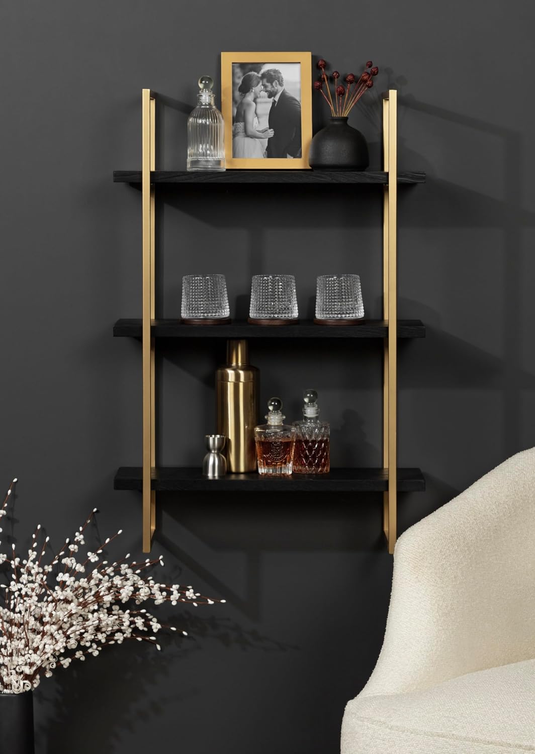 Kate and Laurel Leigh Modern 3 Tier Wall Shelf; 20 x 7 x 30; Black and Gold; Decorative Contemporary Glam Multi-Tiered Shelf Wall Organizer for Storage and Display
