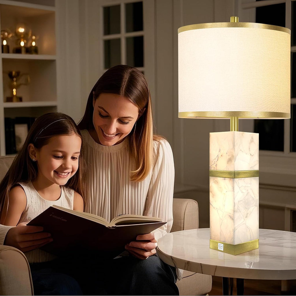 Natural Alabaster Table Lamps Set of 2 - Table Lamp with Night Light for Bedroom,Nightstand Lamps with USB Ports,Bedside Lamps with Linen Fabric Shade for Living Room,Bedroom,Office,Bar(Bulb Included)