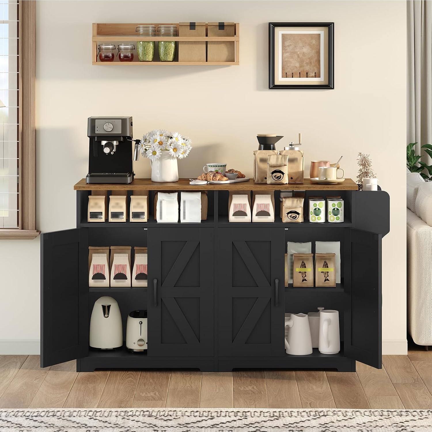 YATINEY Coffee Bar Cabinet, Kitchen Island with Storage, Farmhouse Sideboard Buffet Cabinet with Dual-Purpose Floating Shelf and Hooks, for Restaurant, Living Room, Rustic Brown KF32BR