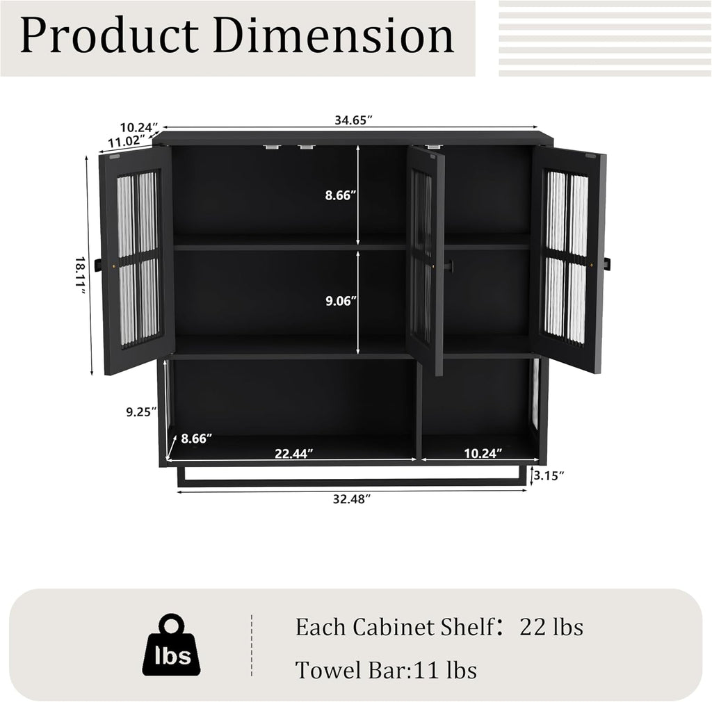 Polibi Wall Cabinet with Fluted Glass, Modern Wall-Mounted Storage with Towel Bar, Removable Shelves, Minimalist Design for Entryway Living Room Bathroom Dining Room, Easy Assembly, Black