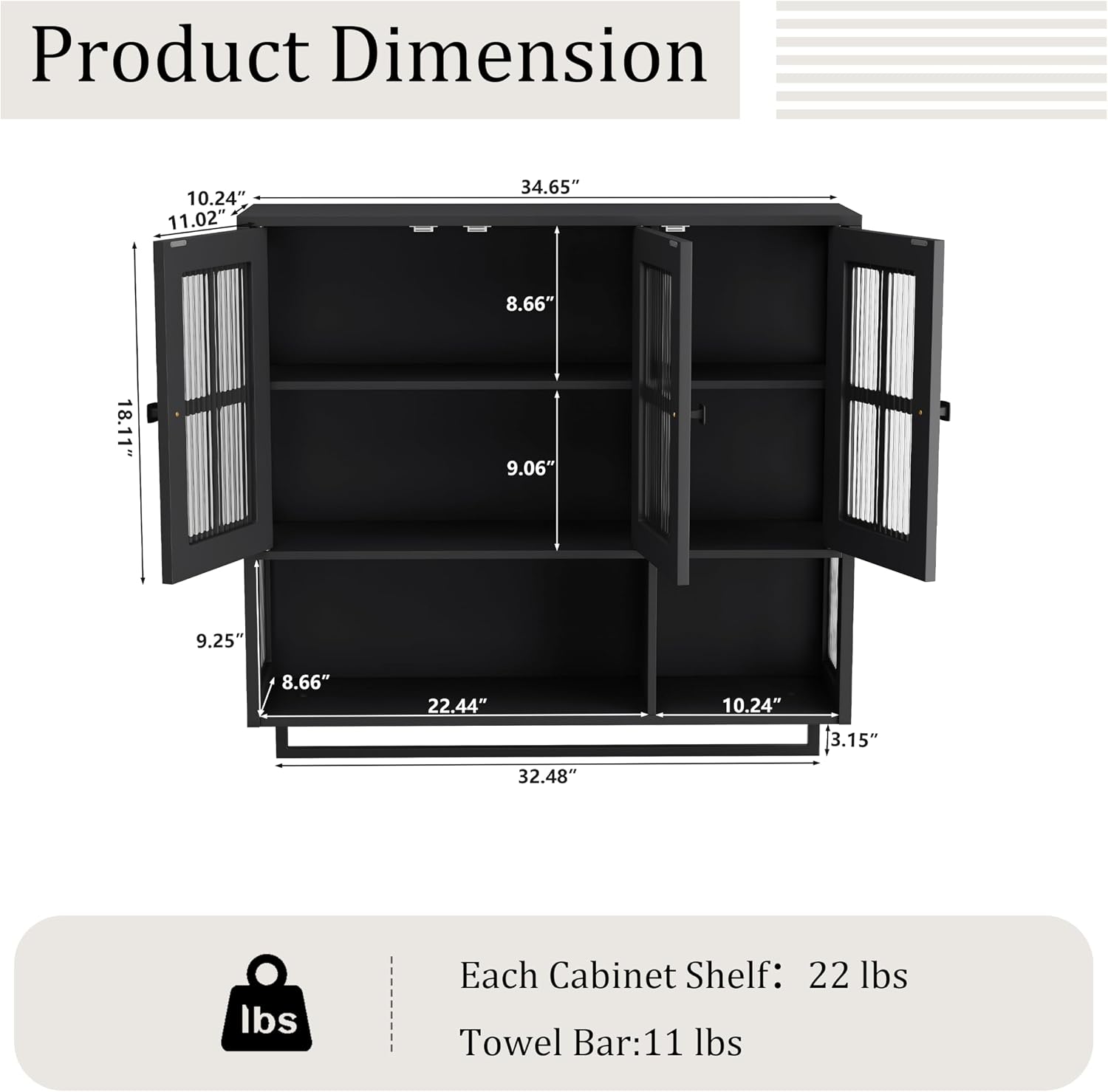 Polibi Wall Cabinet with Fluted Glass, Modern Wall-Mounted Storage with Towel Bar, Removable Shelves, Minimalist Design for Entryway Living Room Bathroom Dining Room, Easy Assembly, Black