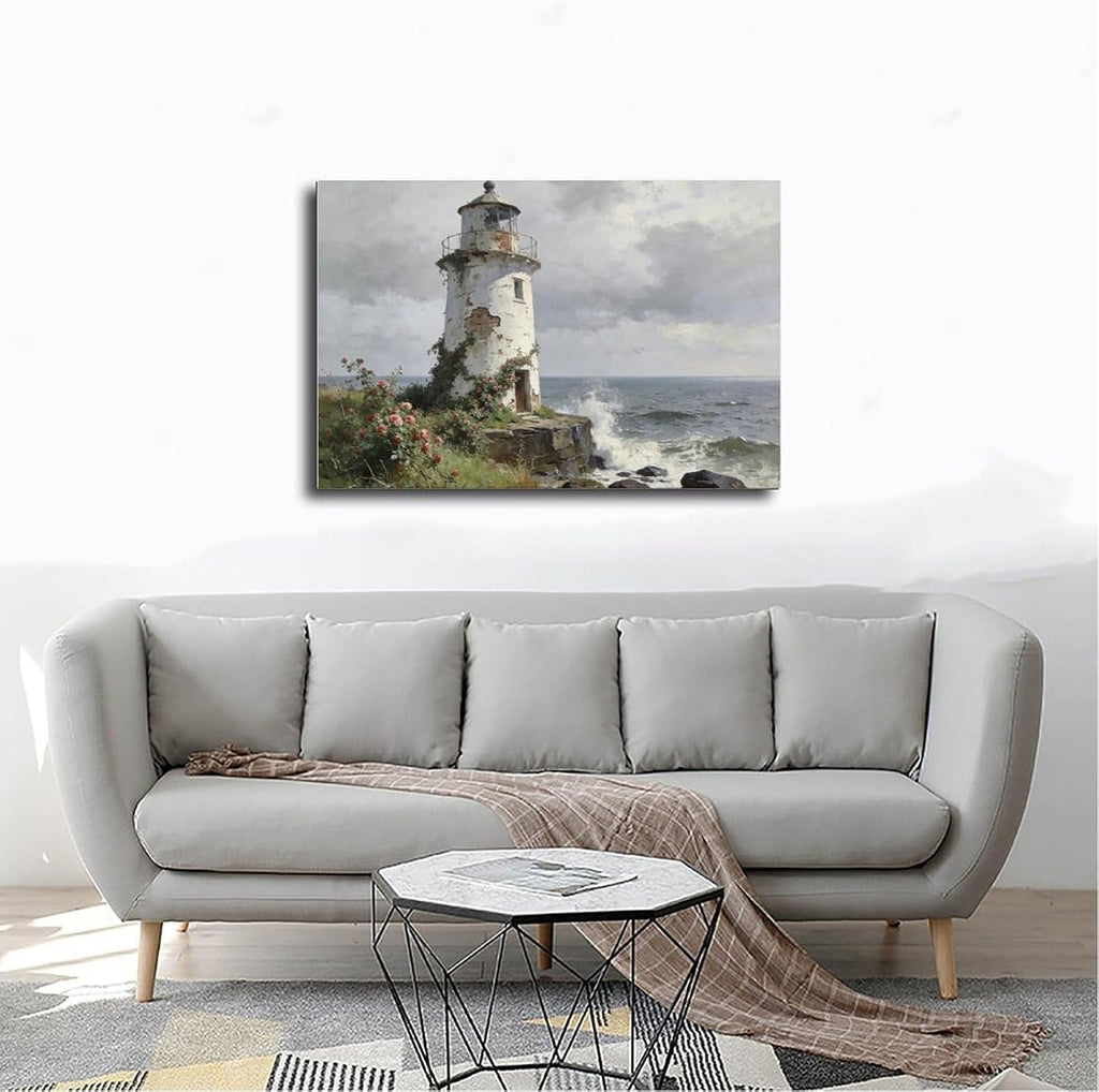 Frame Coastal Lighthouse Wall Art Poster Print, Vintage Rose Garden Seascape Painting, Nautical Ocean Waves Landscape Artwork Rustic Decor 24x36inch(60x90cm)