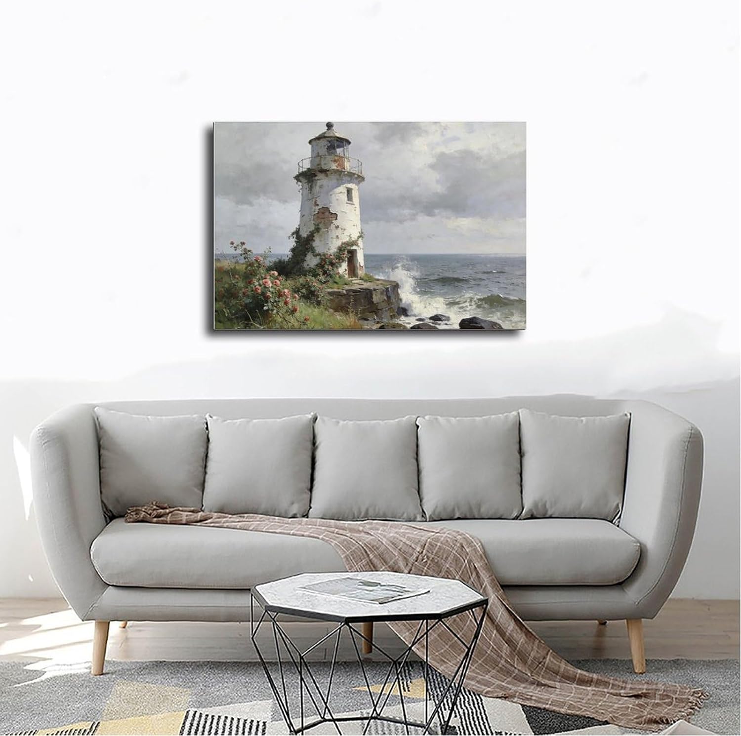 Frame Coastal Lighthouse Wall Art Poster Print, Vintage Rose Garden Seascape Painting, Nautical Ocean Waves Landscape Artwork Rustic Decor 24x36inch(60x90cm)