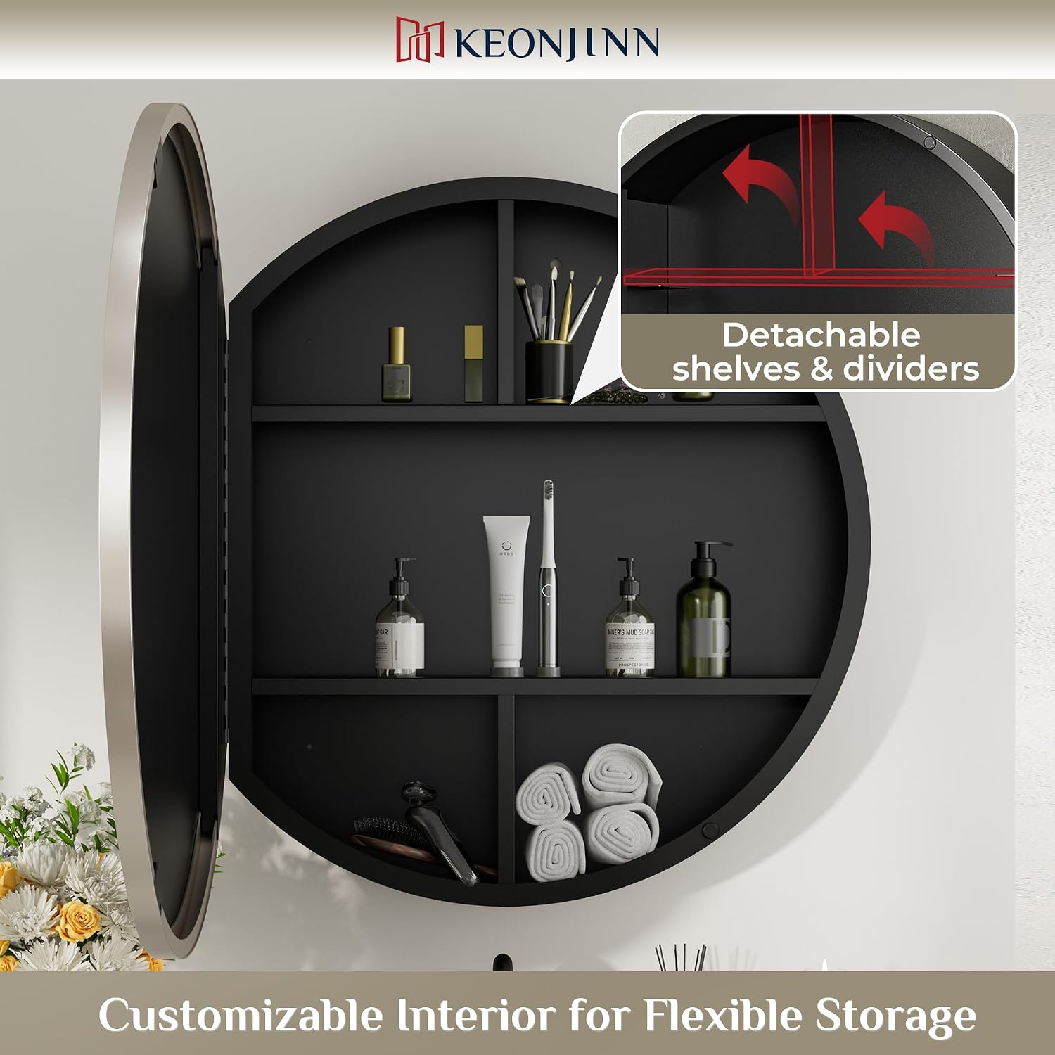 Keonjinn 28 x 28 in Round Medicine Cabinets for Bathroom, Brushed Nickel Surface Mount Medicine Cabinet, Circle Medicine Cabinet with Mirror, Adjustable Shelves Framed Bathroom Mirror with Storage