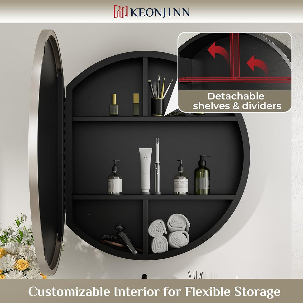 Keonjinn Round Brushed Nickel Medicine Cabinet Mirror for Bathroom, 26 Inch Surface Mount Medicine Cabinet with Mirror, Circular Framed Mirrored Medicine Cabinets, Modern Cabinet with Vanity Mirror