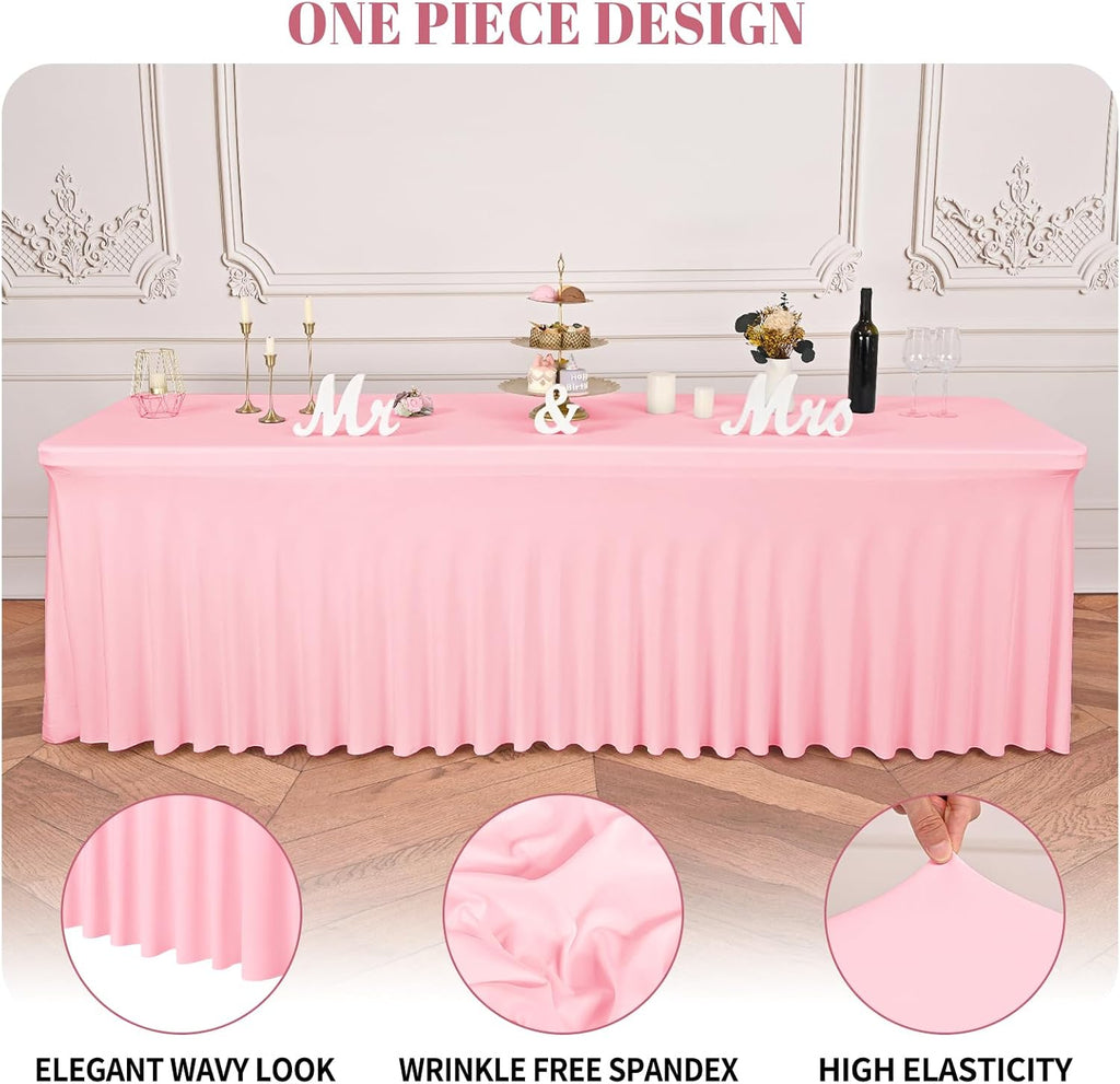 fani 6 Packs Pink Stretch Table Skirts for 8 Foot Rectangle Table, Washable Spandex Stretch Tablecloths with Skirt, Wrinkle Resistant Fitted Tablecover for Wedding Party Banquet