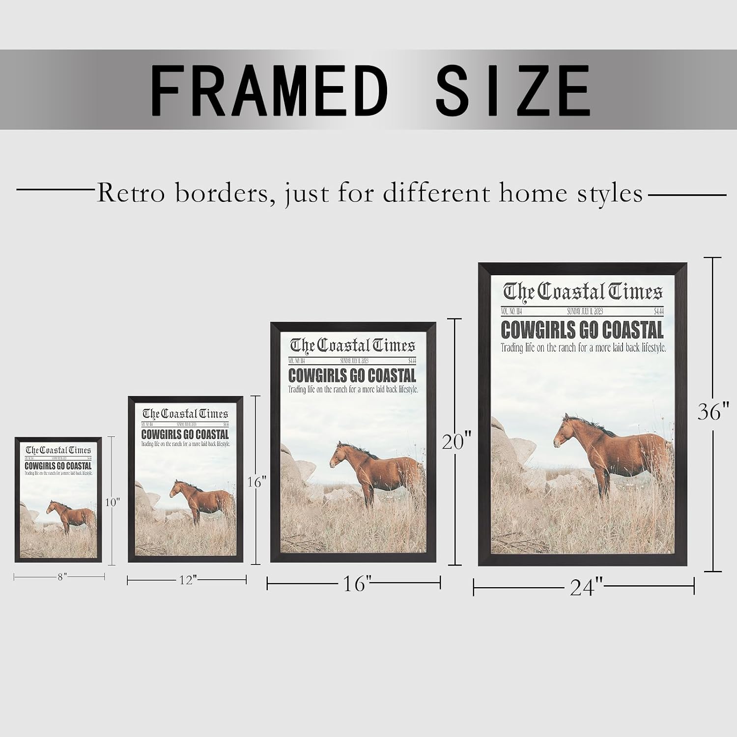Black Framed Flat Vintage Cowgirls Go Coastal Newspaper Poster Horse Rocks And Coastal Grass Canvas Wall Art Shoreline Prints Painting For Home Bedroom Dorm Wall Decor 24x36in Black Framed Flat