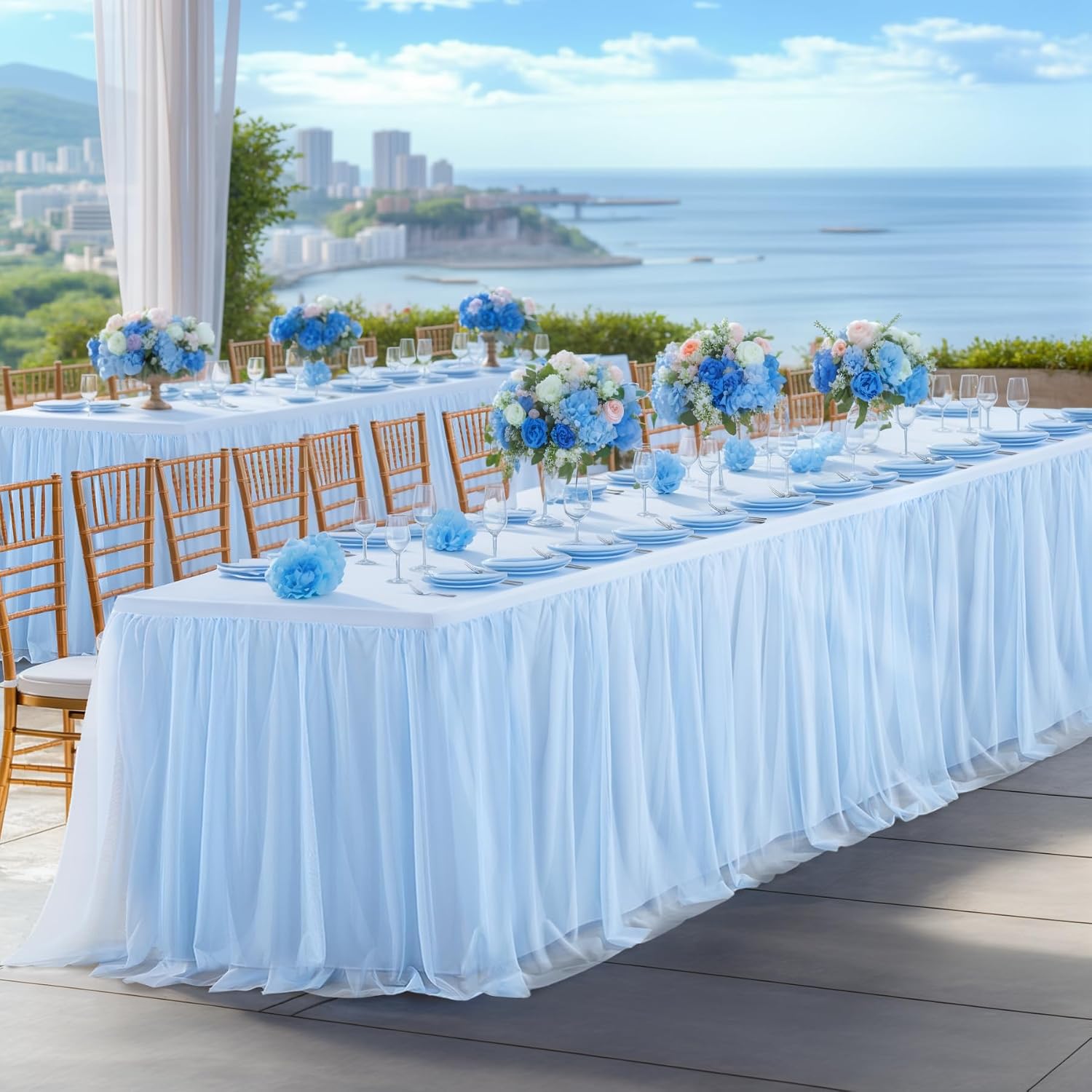 4 Pack Baby Blue Tulle Tablecloth Skirt for 8 Foot Rectangle Tables Baby Shower Tablecloths Blue Ruffle Tutu Table Skirt Stretch Fitted Table Covers for Wedding Birthday Party Banquet Reception