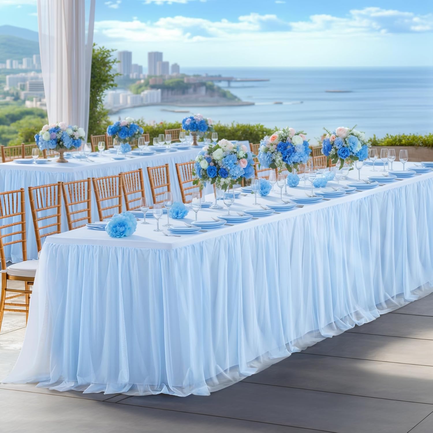 Baby Blue Tulle Tablecloth Table Skirt for 6 Foot Rectangle Tables with Ruffle Tutu Design for Wedding Reception Party Birthday, 6 Pack, 6ft Fitted Spandex Table Cover
