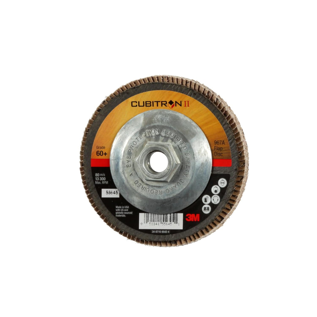 3M Cubitron II Flap Disc 967A, 60+, T29 Quick Change, 4-1/2 in x 5/8'-11, Giant, Pack of 10, Medium Pressure Applications, Light Deburring, Scale Removal, Oxide Removal, Surface Prep