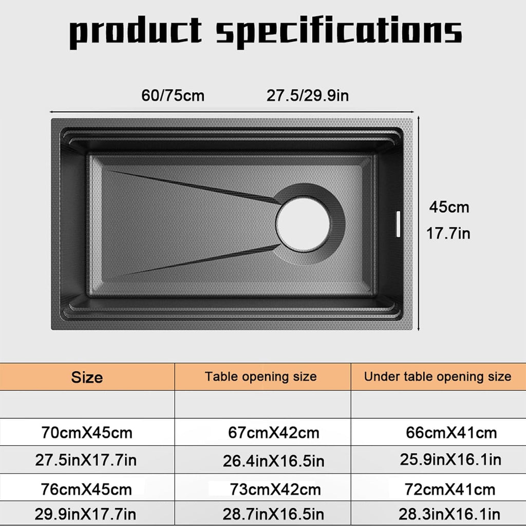 JATIBOSH Kitchen Sink Workstation Black Stainless Steel Kitchen Sink Workstation Ledge Undermount Single Bowl Sink Basin (Color : BK, Size : 70cmX45cm)