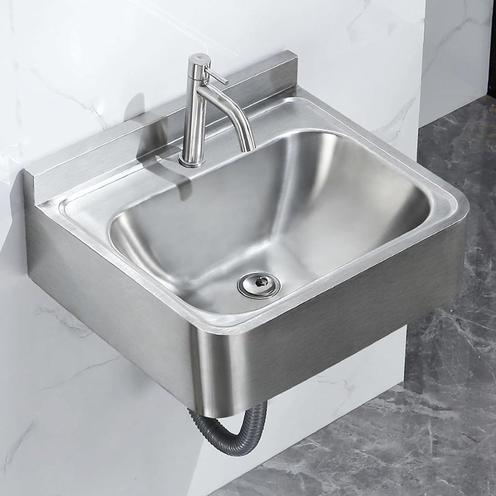 Commercial Sink Hand Washing Basin, Mini Stainless Steel Wall Mounted Sinks, with Drainer Unit and Tap, Utility Sink Single Bowl Sink for Restaurant, Kitchen and Hom,Hot and cold water faucet