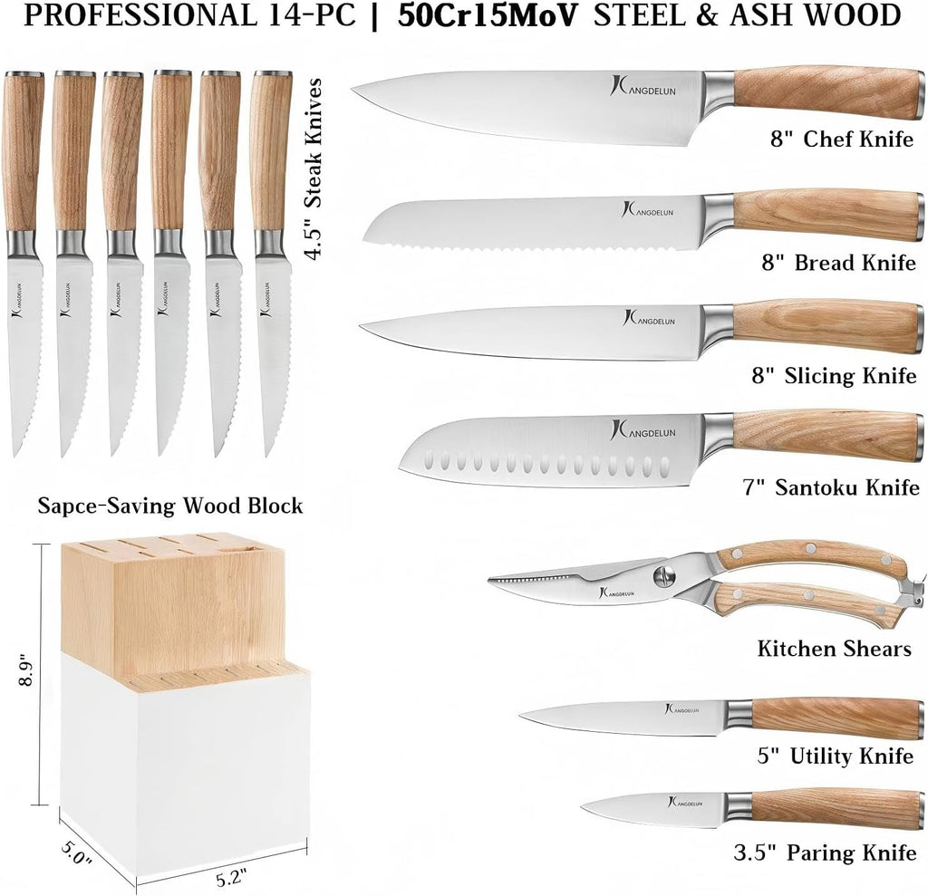 Kangdelun Ultra Sharp 14-Piece Kitchen Knife Set, High Carbon Stainless Steel Blades, Torrefied Natural Wood Handles, Ergonomic Design, Space-Saving White-Finished Wood Block, Easy Hand Wash, Gift Box