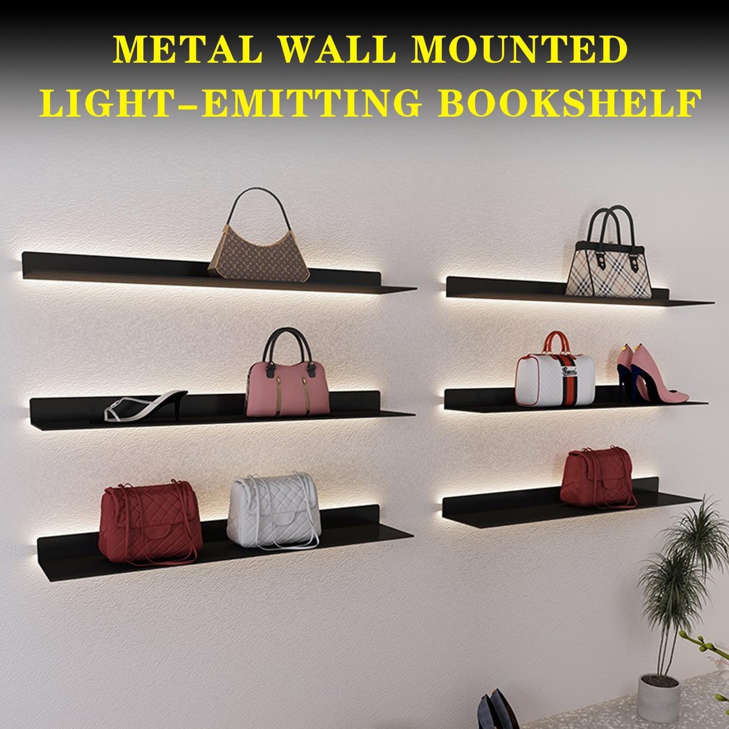 Corner Ledge Wall Shelf,Modern Metal Wall Mounted Floating Display Shelf with Built in LED Light for Commercial Bar Living Room Bathroom Black 23.6in