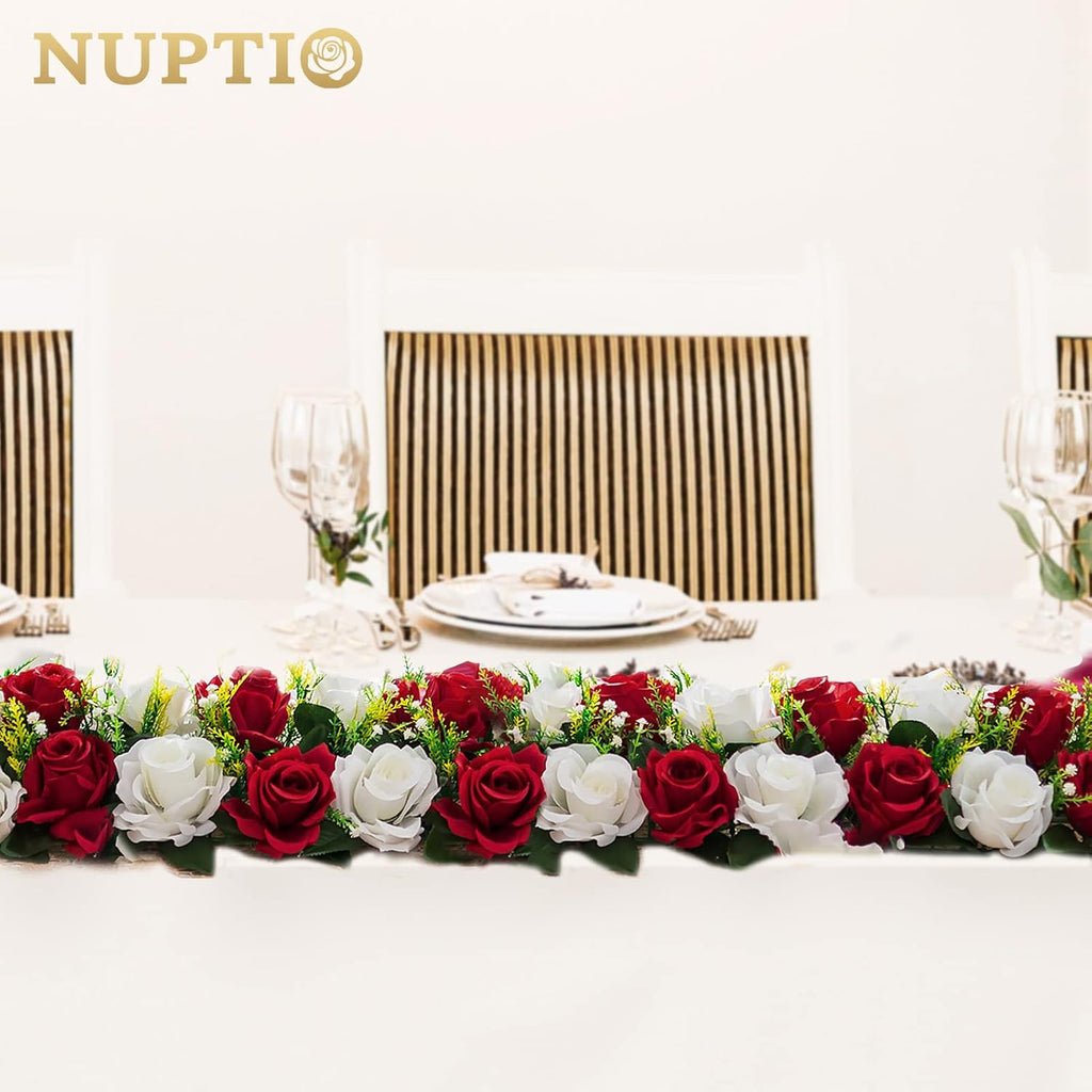 NUPTIO Flower Wedding Centerpieces for Tables - 6 Pcs 19.6in Long Burgundy & White Artificial Flower Arrangement for Dining Table Centerpiece- Fake Rose Arrangements for Weddings Birthday Party Decor