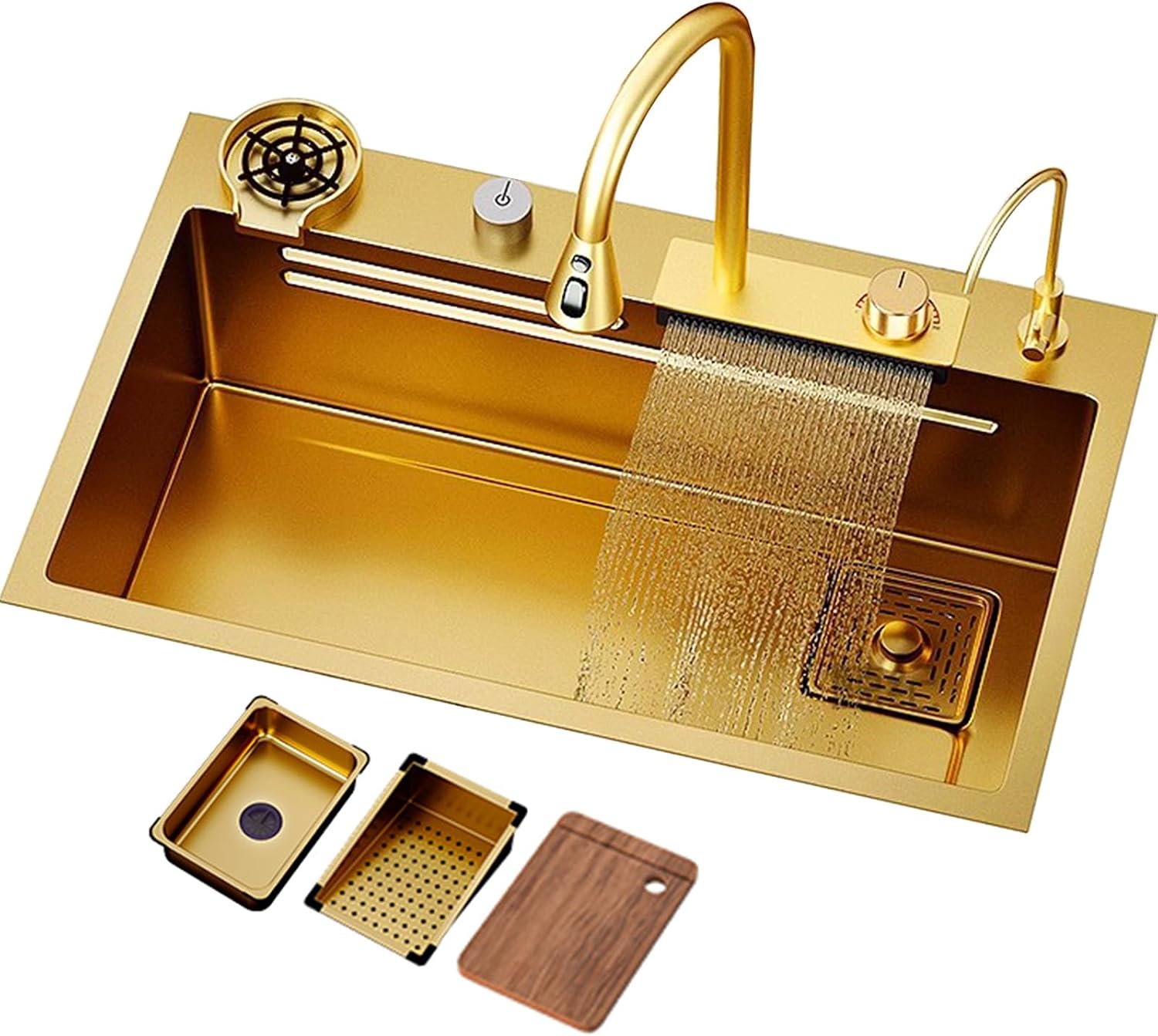 Golden Waterfall Sink Stainless Steel Sink Golden Waterfall Faucet Recessed Single Bowl Sink Complete Accessories (
