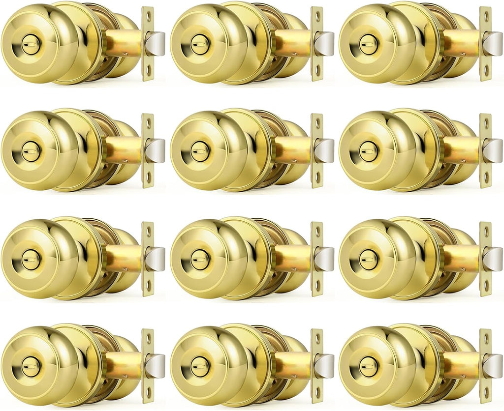 Probrico Polished Brass Door Knobs, Interior Door Knobs with Round Ball Knob, Nickel Privacy Door Knob for Bedroom Bathroom, 12 Pack