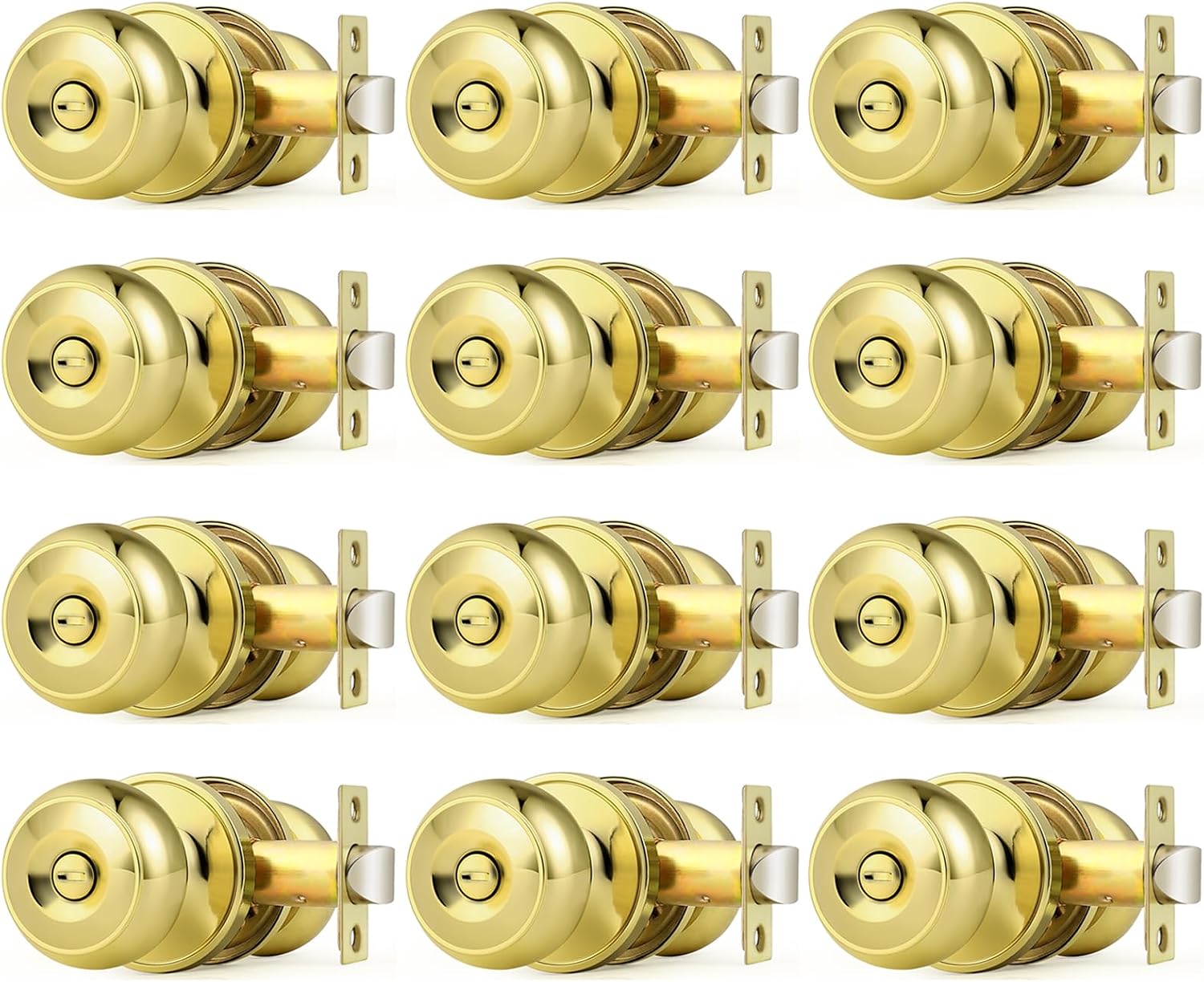 Probrico Polished Brass Door Knobs, Interior Door Knobs with Round Ball Knob, Nickel Privacy Door Knob for Bedroom Bathroom, 12 Pack