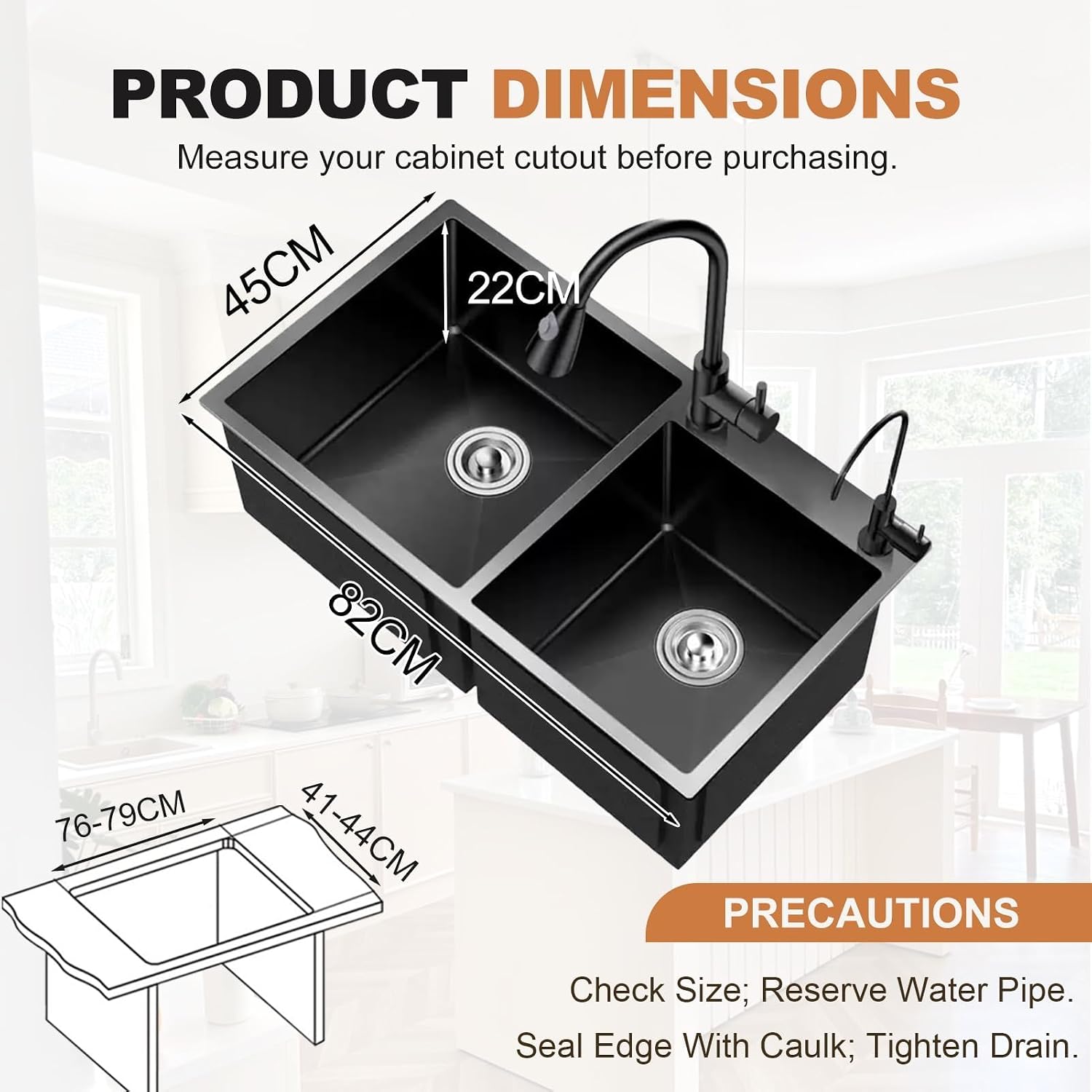 Black Kitchen Sink, Stainless Steel Single Bowl Sink, Drop in/Topmount Workstation Sink with Sliding Accessories, Farmhouse Workstation Sink with Accessories 75x45cm