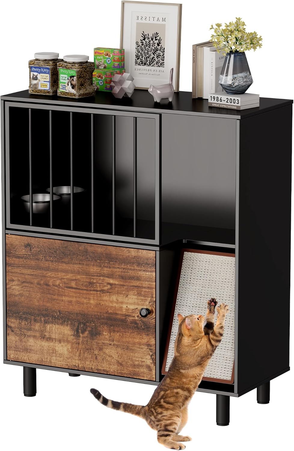 Dog Proof Cat Feeding Station, Cat Feeding Station Furniture with Storage and Cats Scratching Board, 2 Raised Pet Food and Water Bowl for Indoor Cats, Large Pet Cabinet