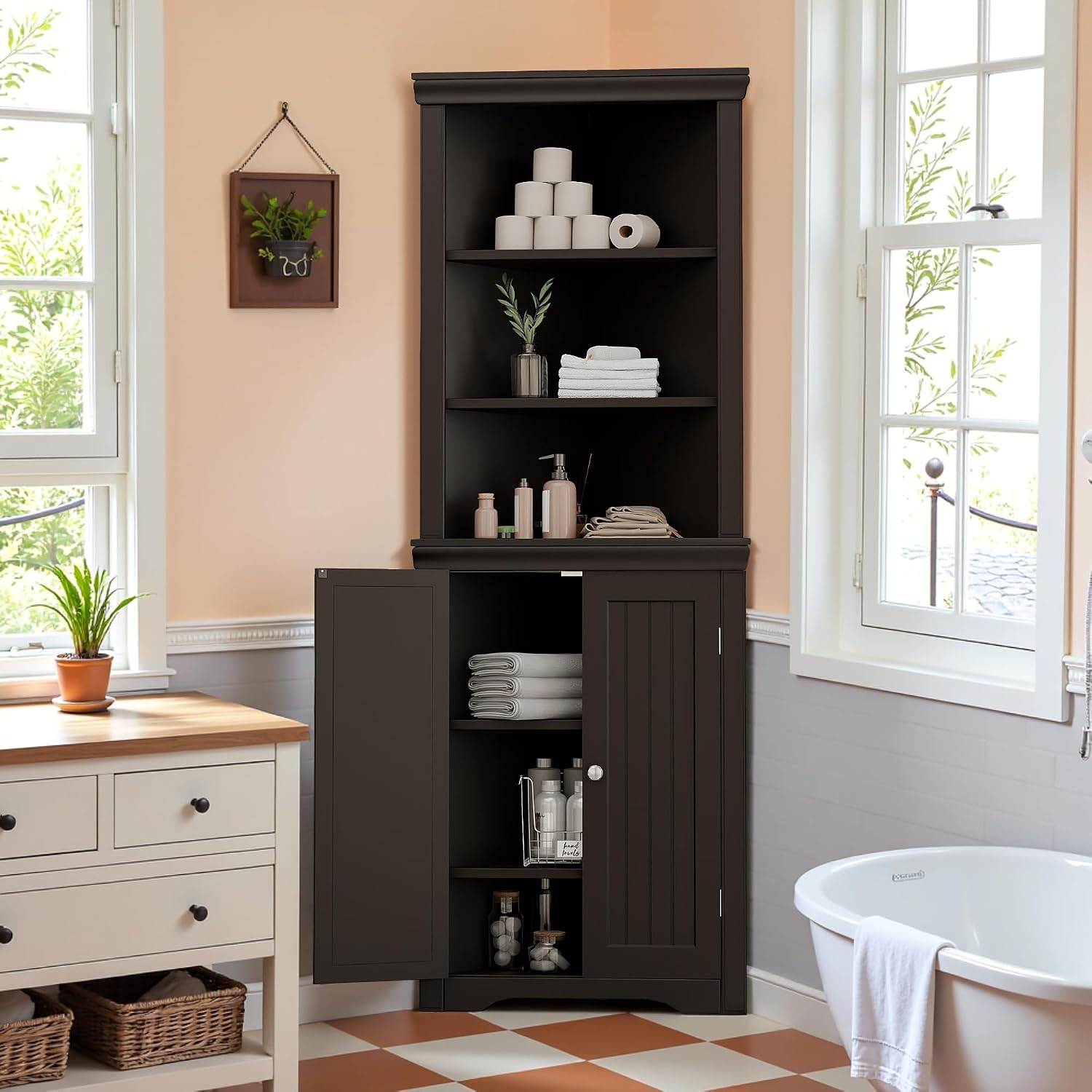 Furmax 62' Corner Cabinet, Bathroom Storage Cabinet with 6 Adjustable Shelves & 2 Doors, Freestanding Corner Shelf for Living Room, Bathroom, Kitchen (Brown)