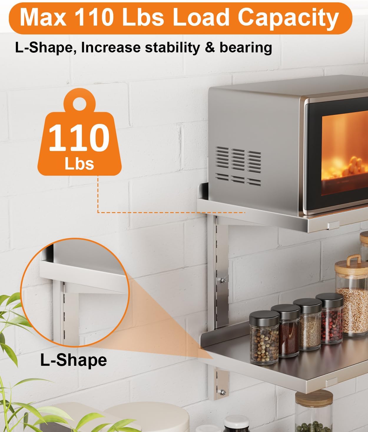 Stainless Steel Shelf, 47.2' X 12.6' Commercial Floating Wall Shelf with Brackets, 154Lbs Capacity, Adjustable Double-Layer Metal Heavy Duty Storage Rack for Restaurant, Kitchen Bar Home Hotel