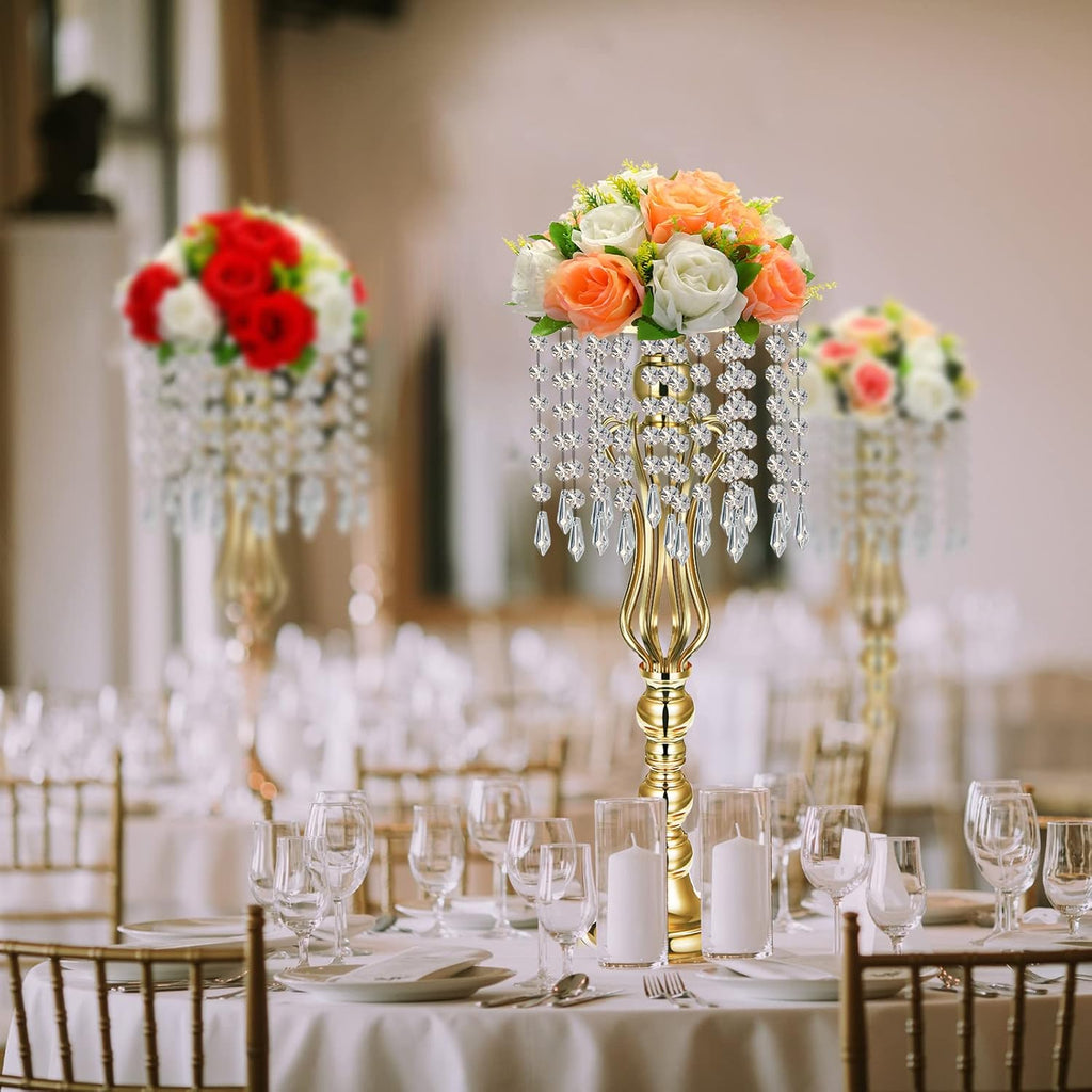 Didaey 16 Pcs Wedding Centerpieces for Tables, Gold Silver Vase Centerpiece with Chandelier Crystal Metal Flower Stand, Tall Flower Vases for Wedding Party Home Decoration(Gold,21.3')