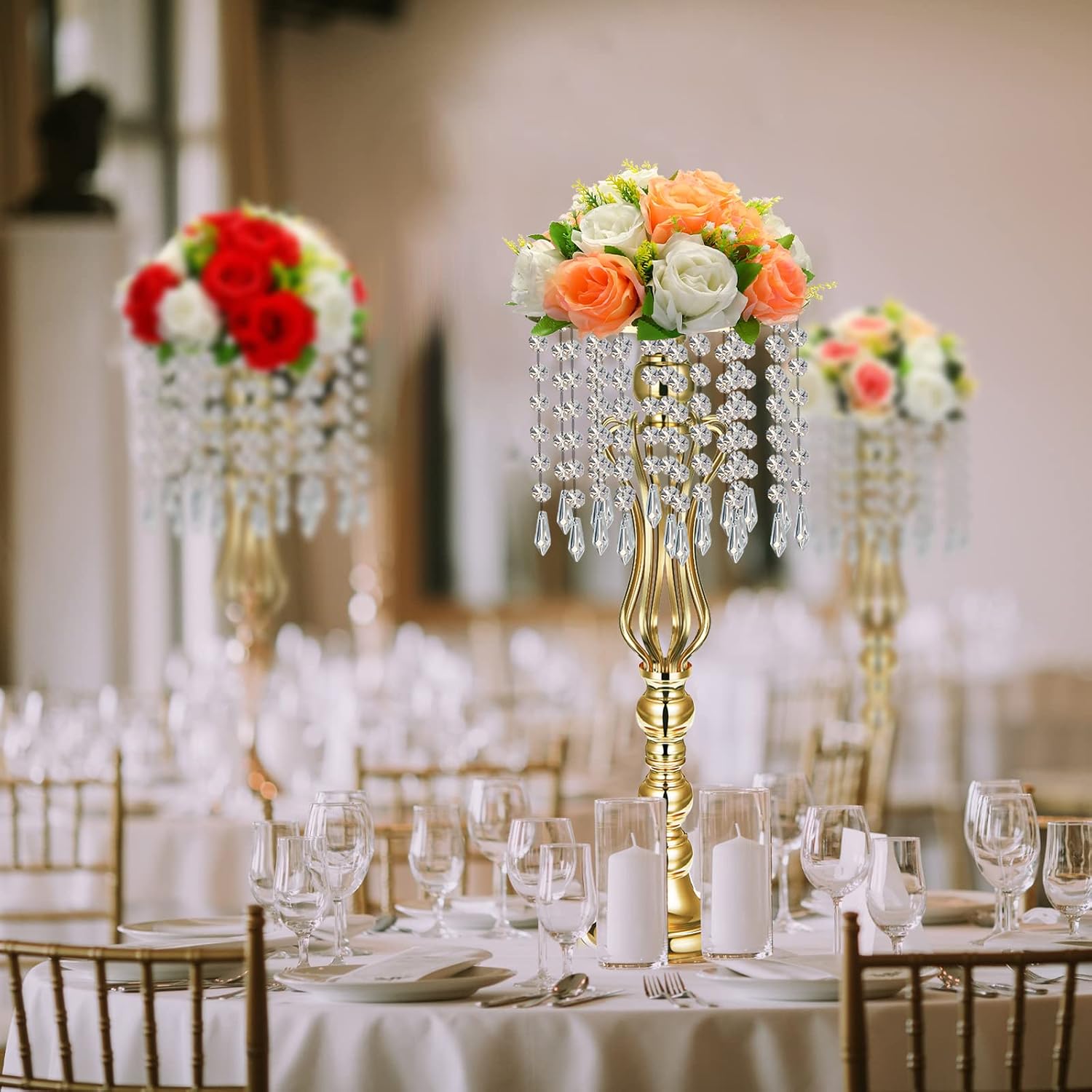 Didaey 16 Pcs Wedding Centerpieces for Tables, Gold Silver Vase Centerpiece with Chandelier Crystal Metal Flower Stand, Tall Flower Vases for Wedding Party Home Decoration(Gold,21.3')