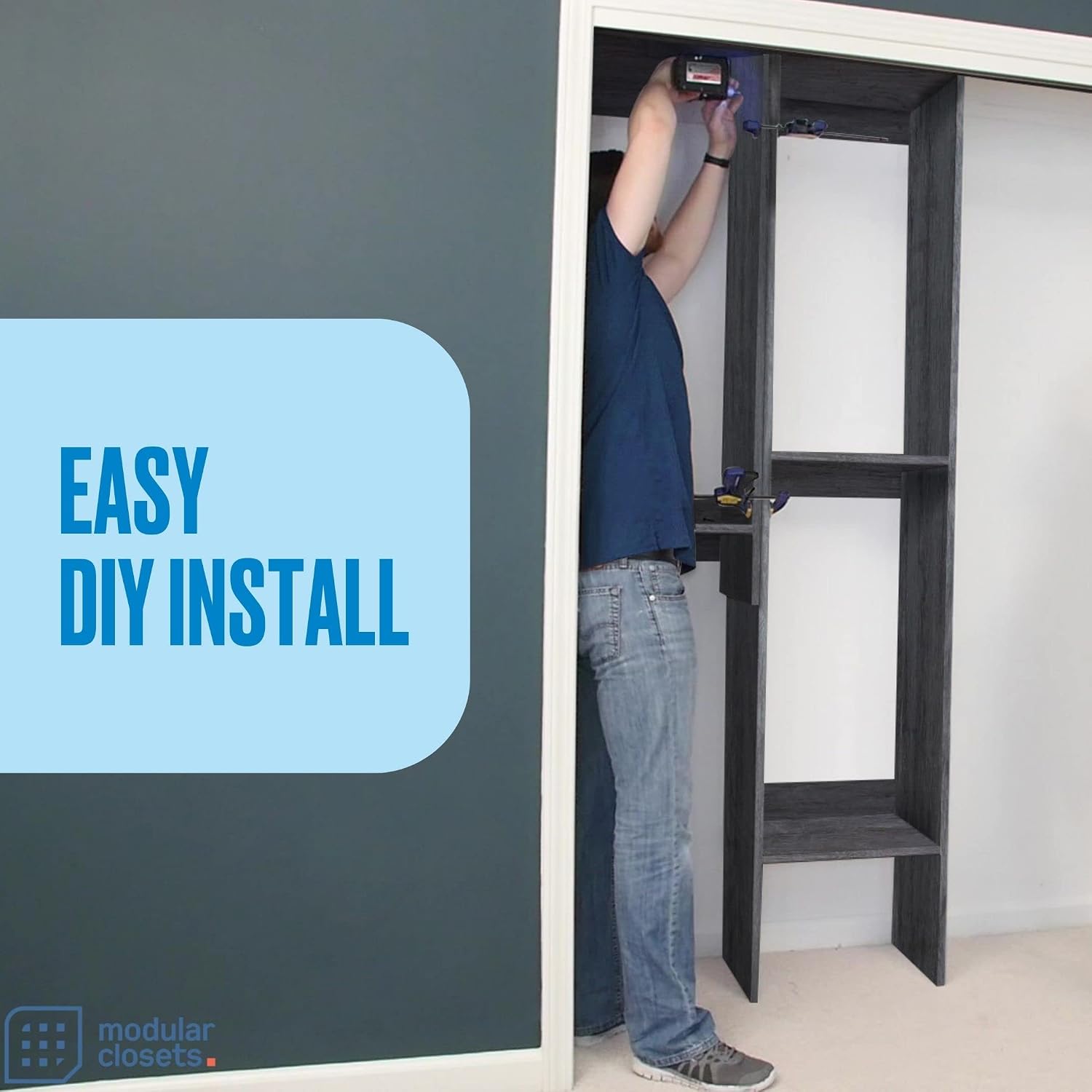 Double Hanging Closet Unit - Modular Corner Closet System - Grey, 18 inches Wide - Includes Shelves