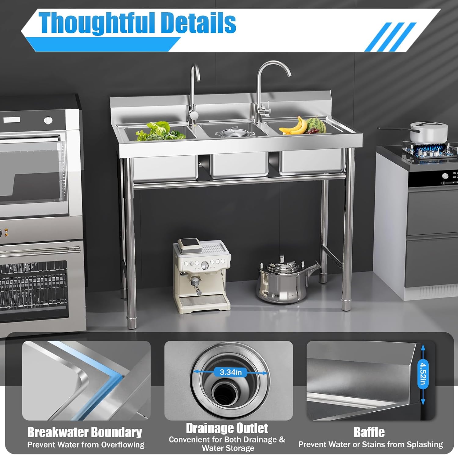 Stainless Steel Sink 3 Compartment Commercial Utility Sink Free Standing Kitchen Sinks with 2 Cold and Hot Water Faucets for Kitchens, Garage, Laundry Room (39''W ×18''D ×35.8'H)