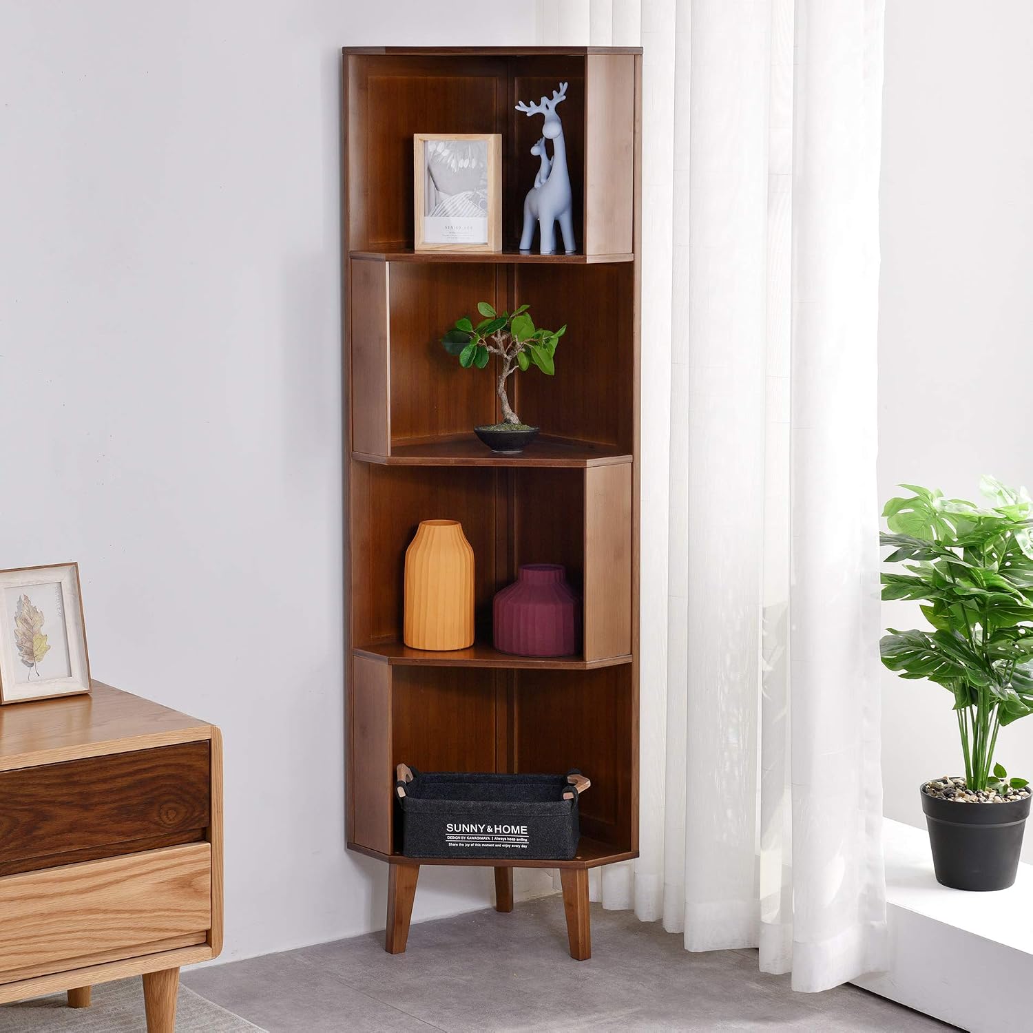 4-Tier Bookshelf Industrial Cube Shelf Corner Bookshelf Display Corner Storage Tall Bookcase Multifunctional Storage Display Stand Shelf for Home Office Living Room Decoration