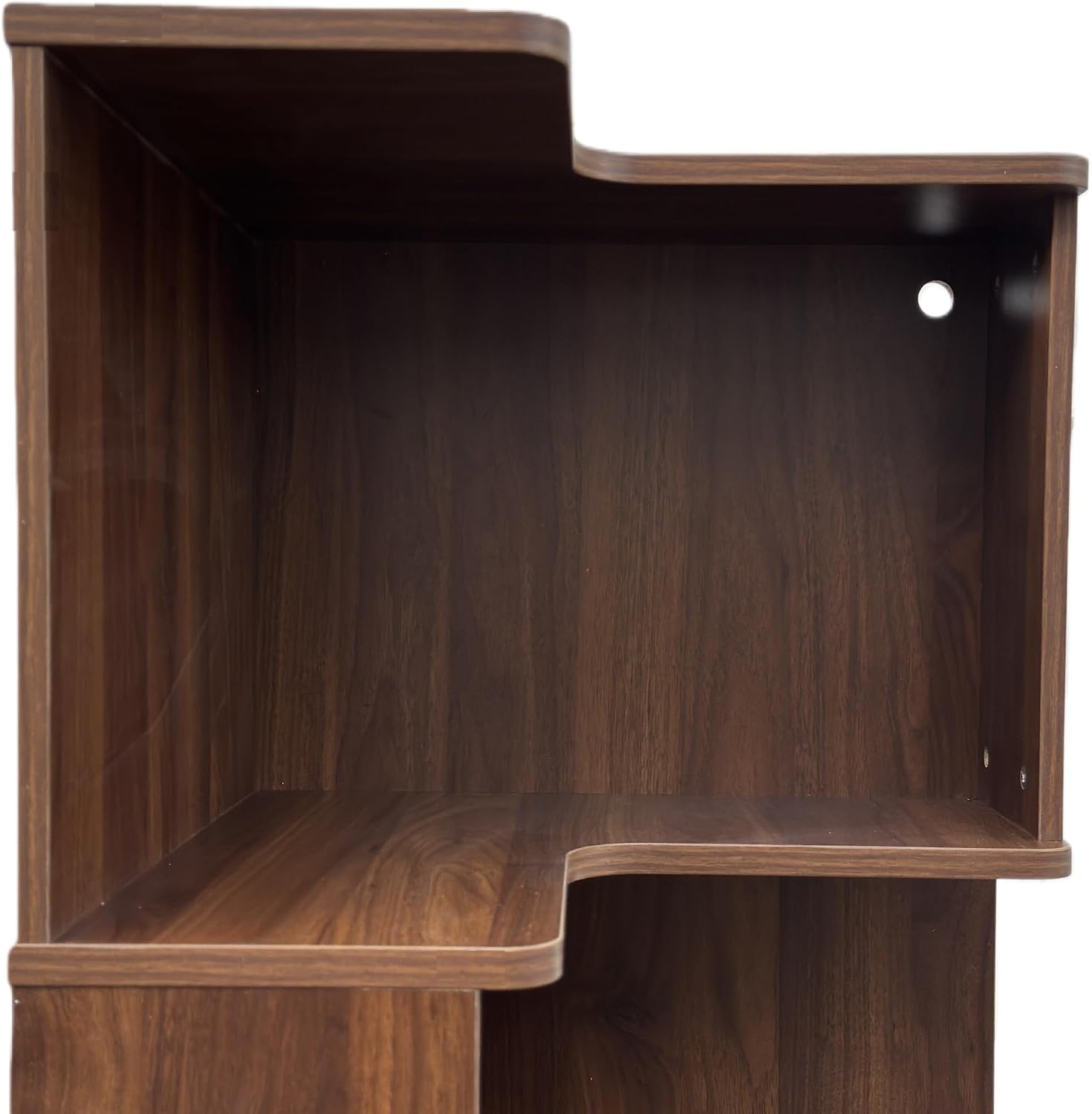 Corner Bookshelf with Drawers and LED Lights, 4-Tier Corner Bookcase with Baffle, Freestanding L-Shaped Display Shelf Stand for Home Office, Living Room, Walnut