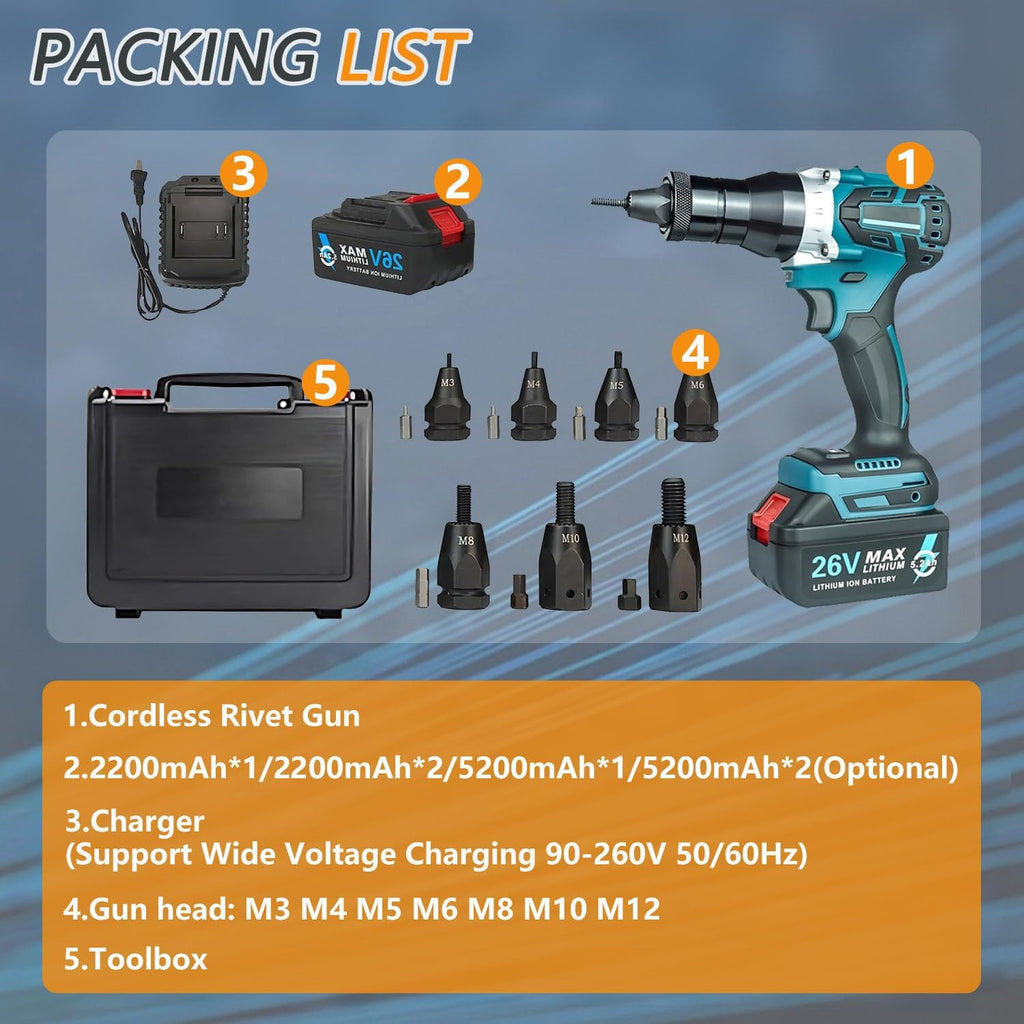 Cordless Brushless Rivet Gun, Cordless Rivet Tool, Pop Rivet Gun, Electric Rivet Gun, Automatic Manual Range Memory Mode Electric Assembly Nutsert Gun for M3 M4 M5 M6 M8 M10 M12 Rivet Nuts,5200mah*2