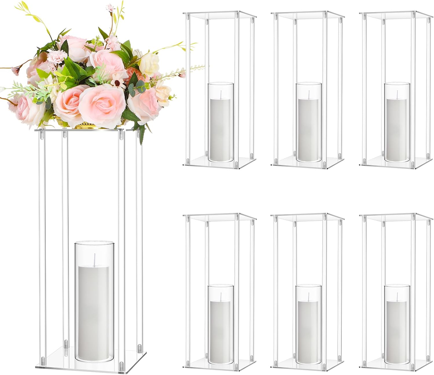 Sieral 6 Sets 20''Tall Clear Acrylic Flower Vase Wedding Centerpieces Flowers Stand with Glass Candle Holders Cylinder Vases, Transparent Flower Vases for Table Centerpiece Wedding Home (Large)