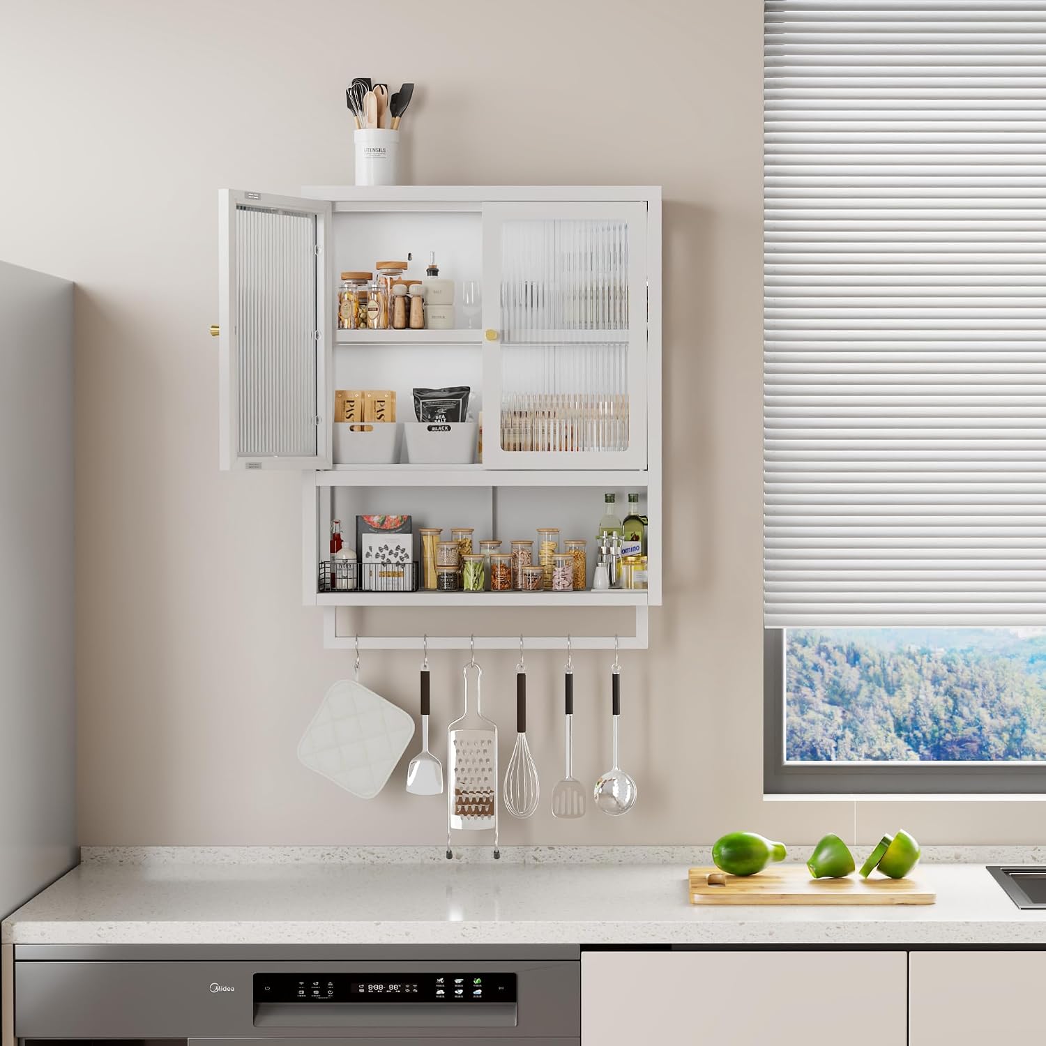Bathroom Wall Cabinet with 2 Glass Door, Bathroom Medicine Cabinet with Towels Bar and Shelves, Over The Toilet Storage Cabinet, Metal Wall Mounted Cabinet for Kitchen (Upgraded White)