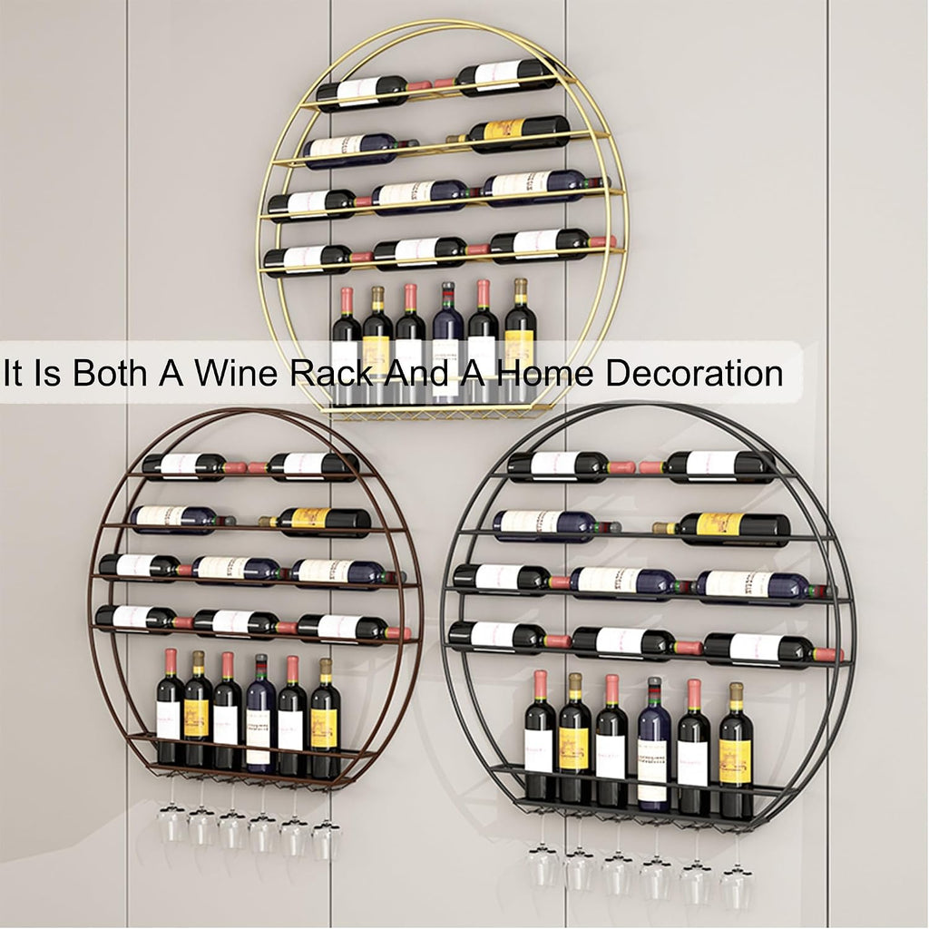 Round Wine Rack Wall Mounted Floating Bar Shelves Liquor Bottle Display Shelf Wall Mounted for Liquor Bottles Holder with Hanging Wine Glass Rack Bar Stand for Home Bar Dining Room Kitchen(Copper,100*