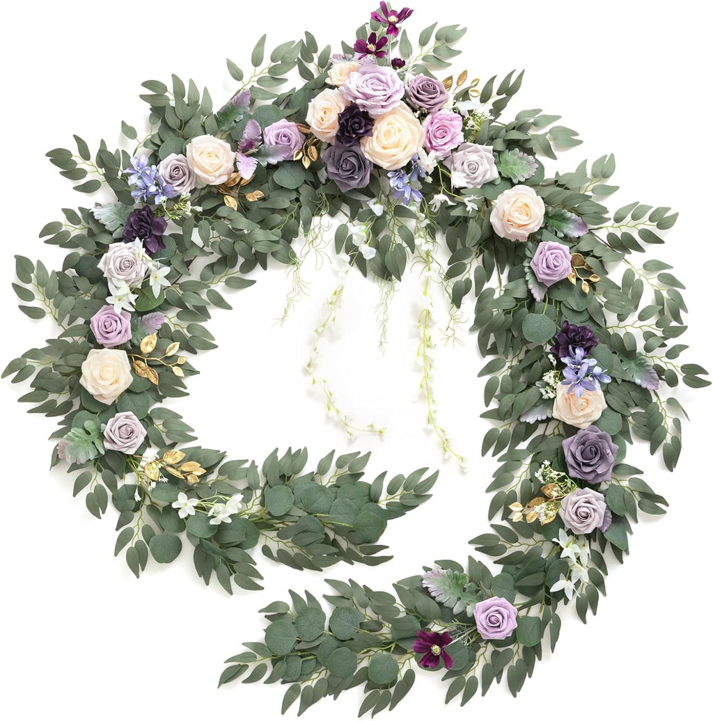 Ling's moment 9FT Flower Garland for Backdrop Decorations - Wedding Arch Flowers, Eucalyptus & Rose, Artificial Floral Garland for Mantel - Sweetheart Table Decor for Ceremony Reception, Lilac & Gold