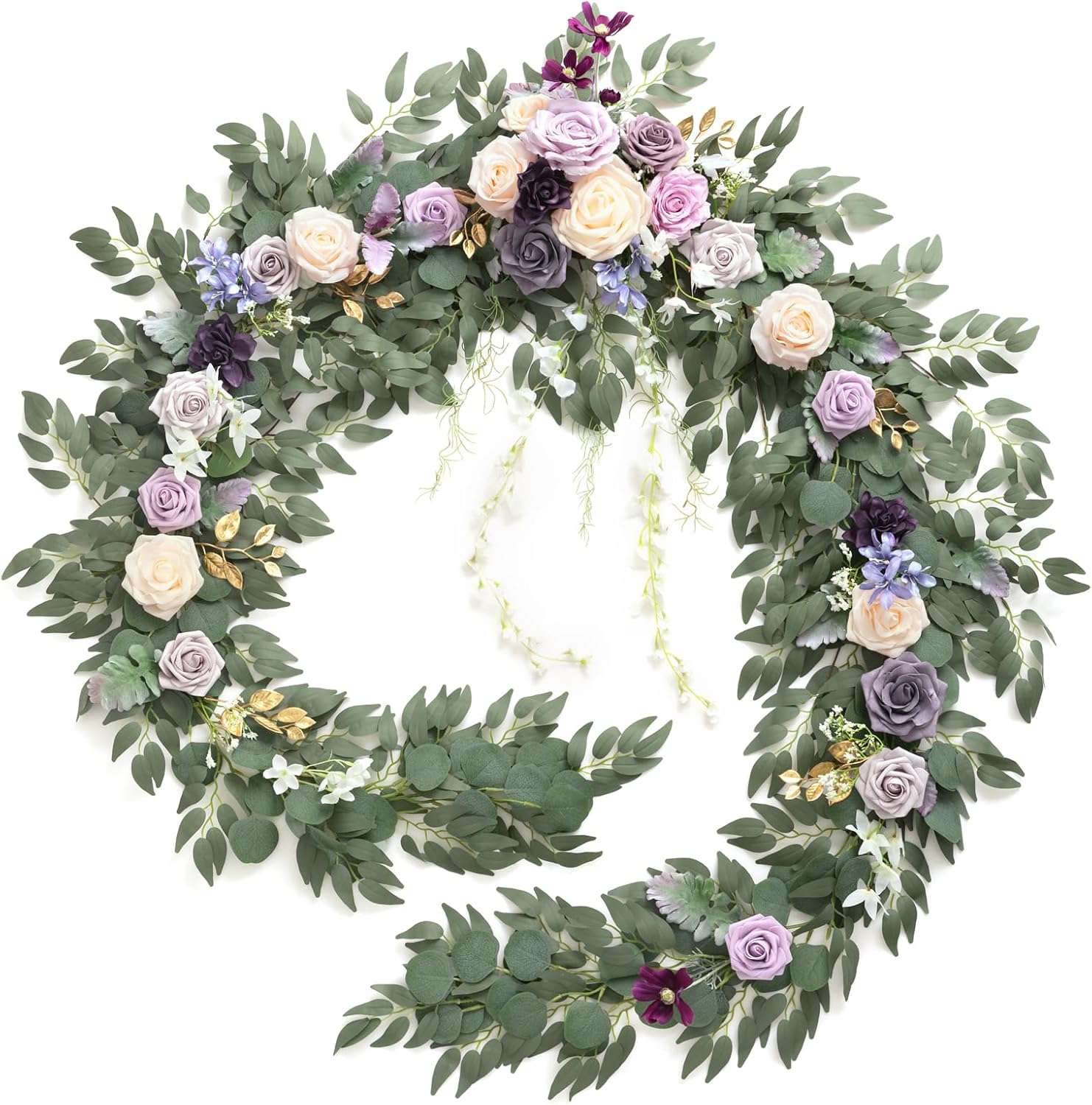 Ling's moment 9FT Flower Garland for Backdrop Decorations - Wedding Arch Flowers, Eucalyptus & Rose, Artificial Floral Garland for Mantel - Sweetheart Table Decor for Ceremony Reception, Lilac & Gold