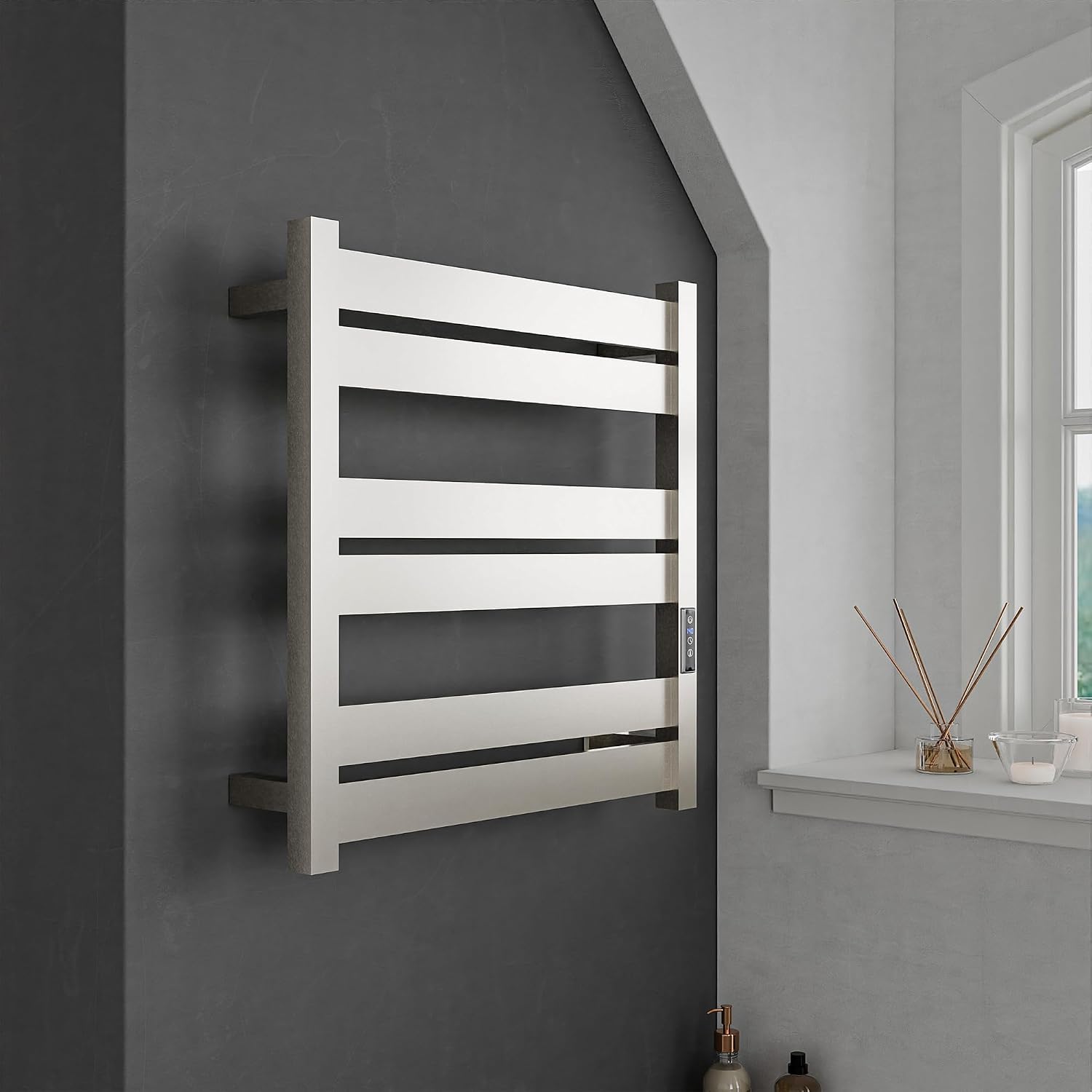 ANZZI Starling 6-Bar Wall Mounted Brushed Nickel Towel Warmer, Energy Efficient 80W Electric Plug in Heated Towel Rack for Bathroom, Stainless Steel Towel Heater Rail Quick Towel Dryer, TW-AZ025BN