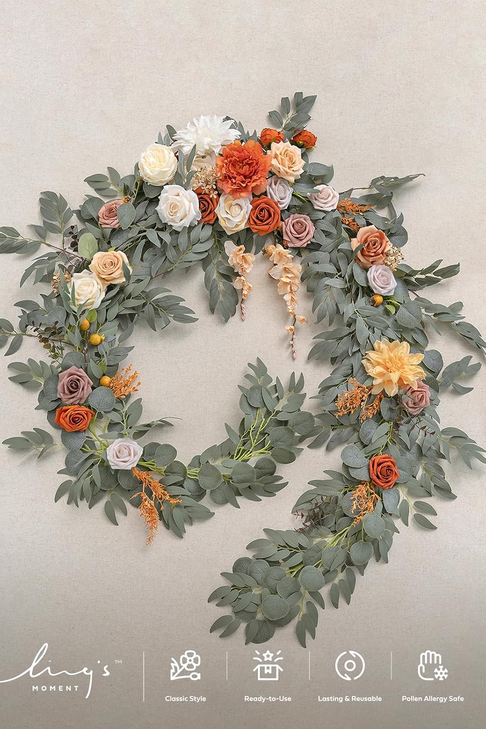 Ling's moment Fall 9FT Flower Garland for Backdrop Decorations - Wedding Arch Flowers, Eucalyptus & Rose, Artificial Floral Garland for Mantle - Sweetheart Table Decor for Ceremony, Terracotta