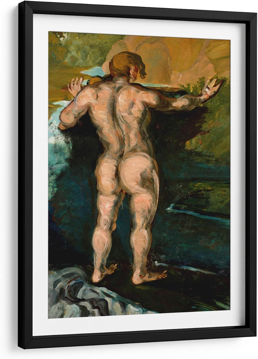 Canvas Lab | Bather and Rocks by Paul Cézanne | 19 x 29 in | Fine Art Framed Print, Frame Color: Black, With Mat | Classical art, Post Impressionism | Wall Decor for Bedroom, Living Room or Office